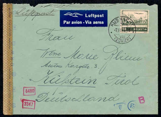 SWITZERLAND 1943 CENSORED AIR TO GERMANY