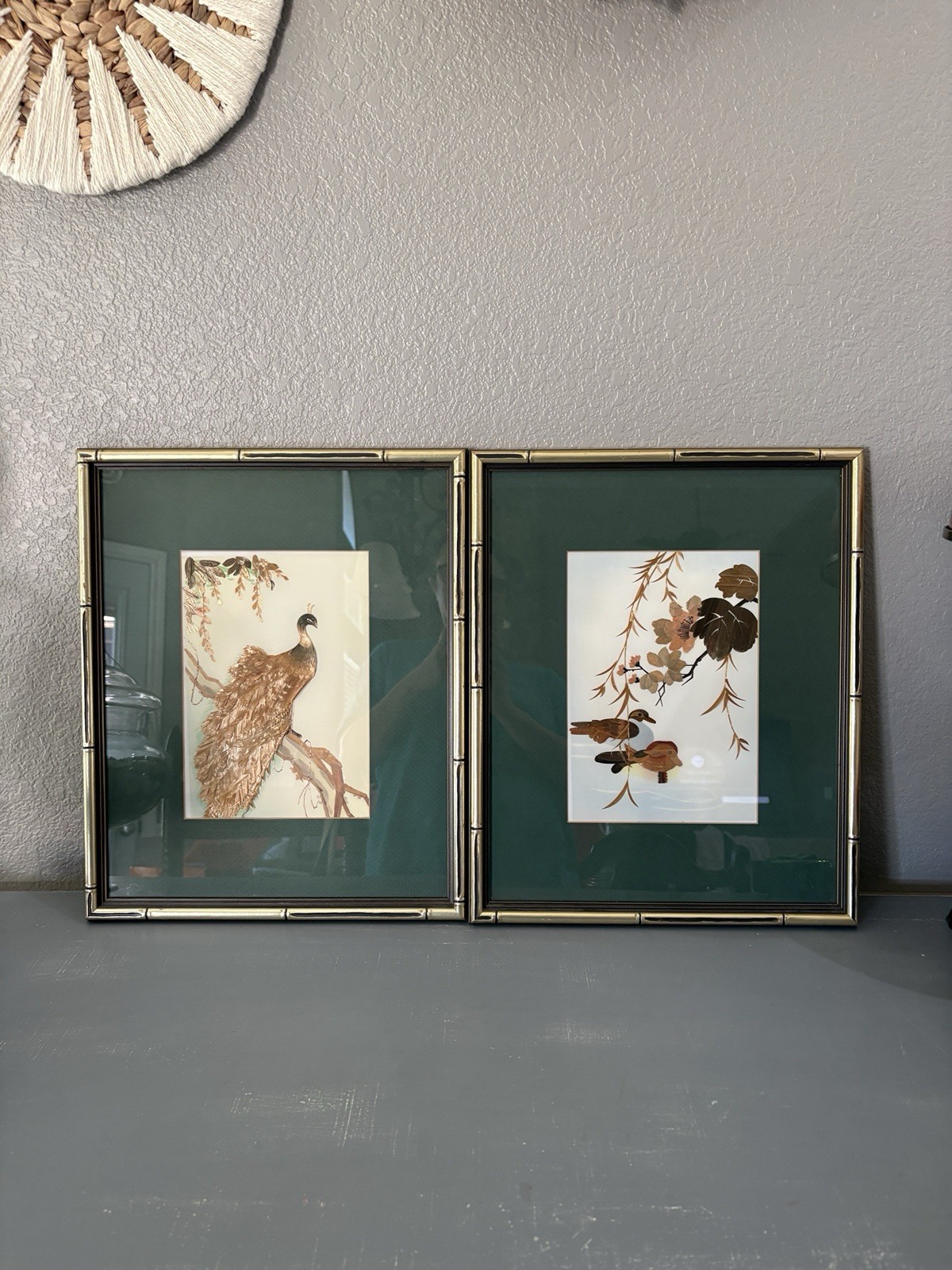 Vintage European Wheat Stalk Art (Pair 2) Birds on Branch Silk Background Framed