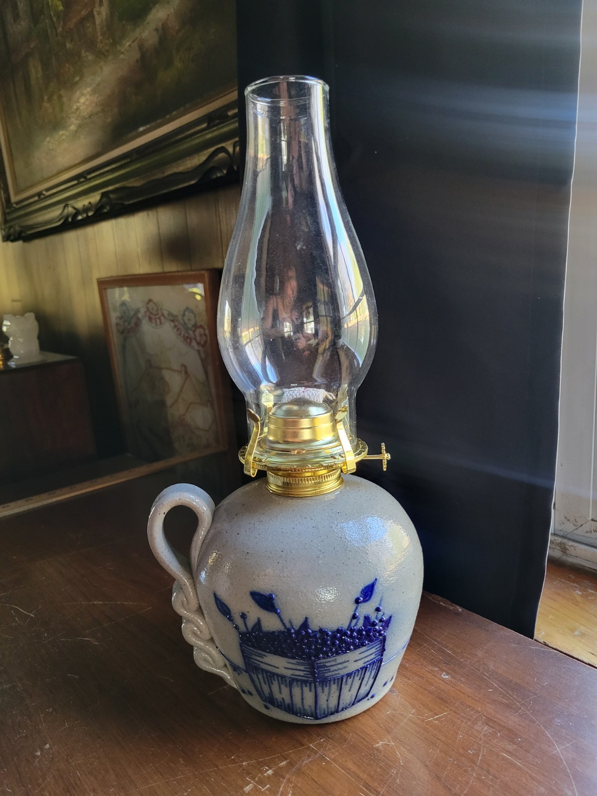 Salmon Falls 1994 Blueberry Basket Stoneware Oil Lamp