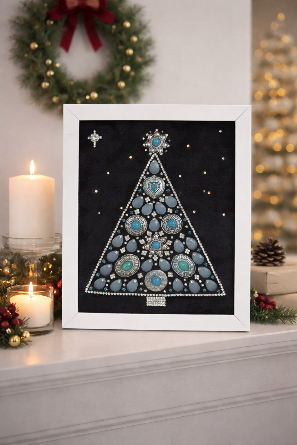 Handmade Jeweled Christmas Tree Framed Art Blue Silver Black Velvet 11x9