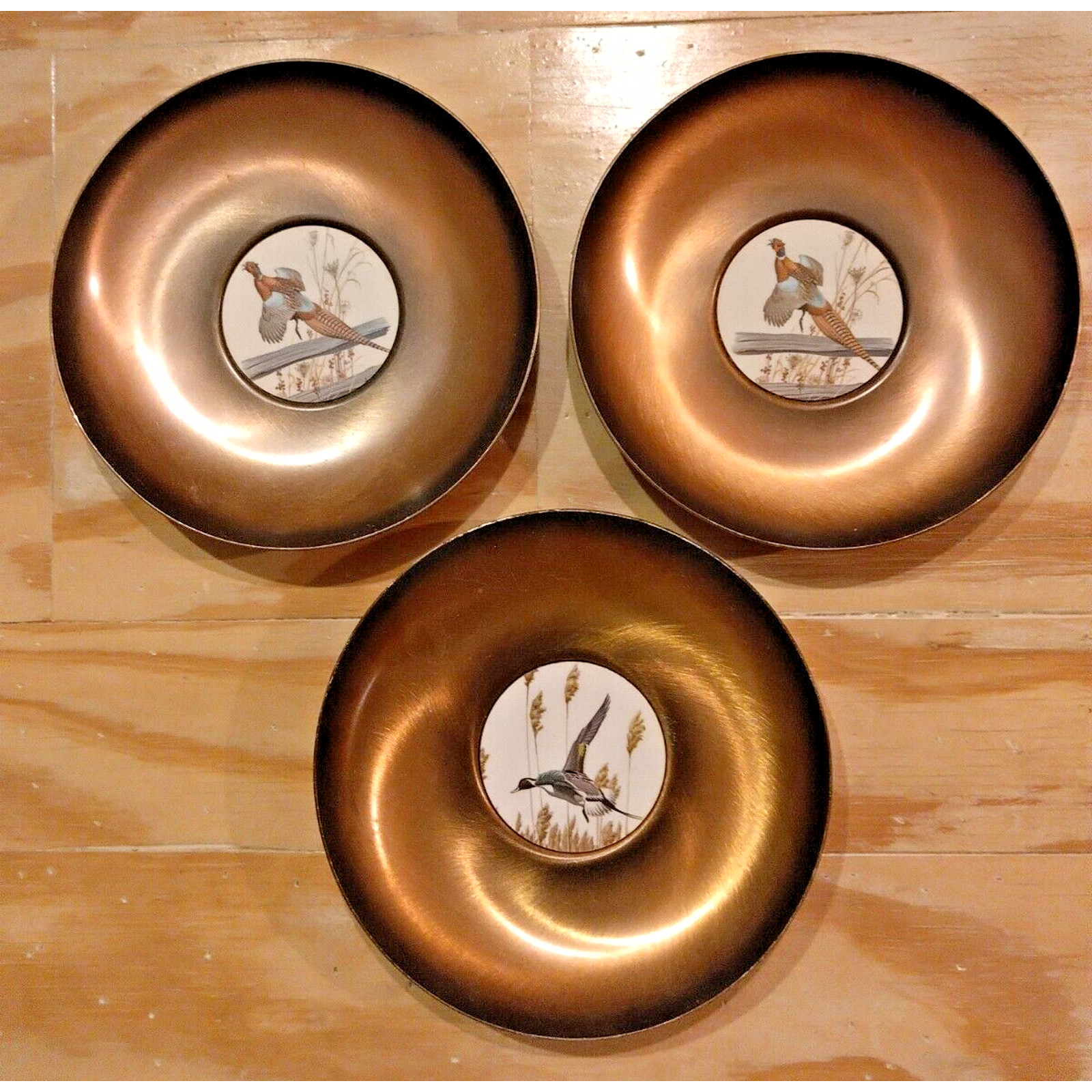 Vintage Brass Serving Bowl Tableware Brushed Gold Lot Of 3 Flying Pheasant Bird