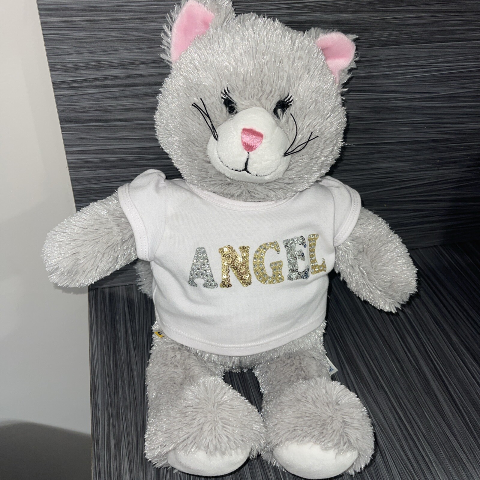 Build a Bear Workshop BABW plush Grey gray Kitty Cat pink nose ears 17"