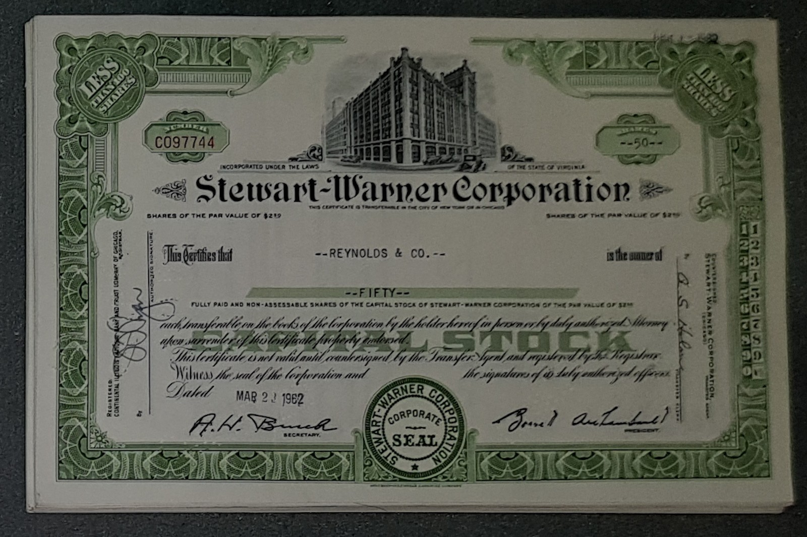 45 x Stewart-Warner Corporation 1960s less than 100 shares
