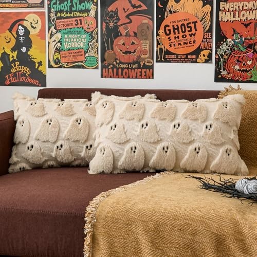 Kevin Textile Halloween Throw Pillow Covers 12x20 20" x 12" (Pack of 2) Beige
