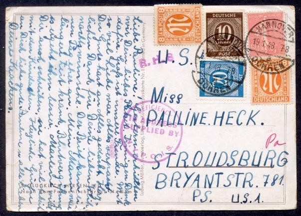 GERMANY/FRANCE/AMG MIXED FRANKING 1948 PPC TO USA