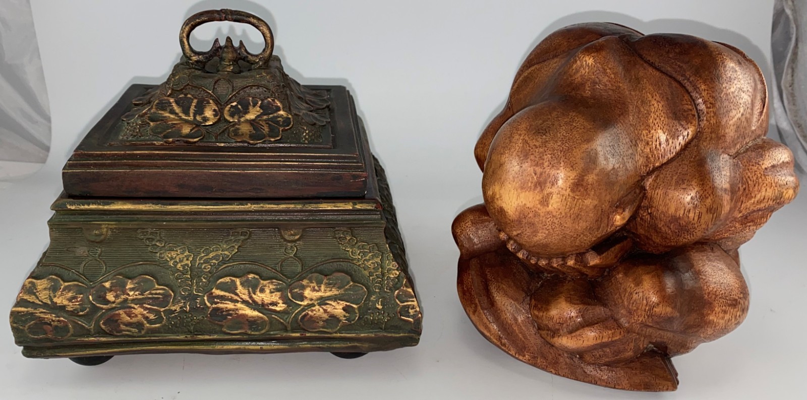 lot 6" Wood Weeping Buddha + Ornate Gold Leaves Square Lid Keepsake Box