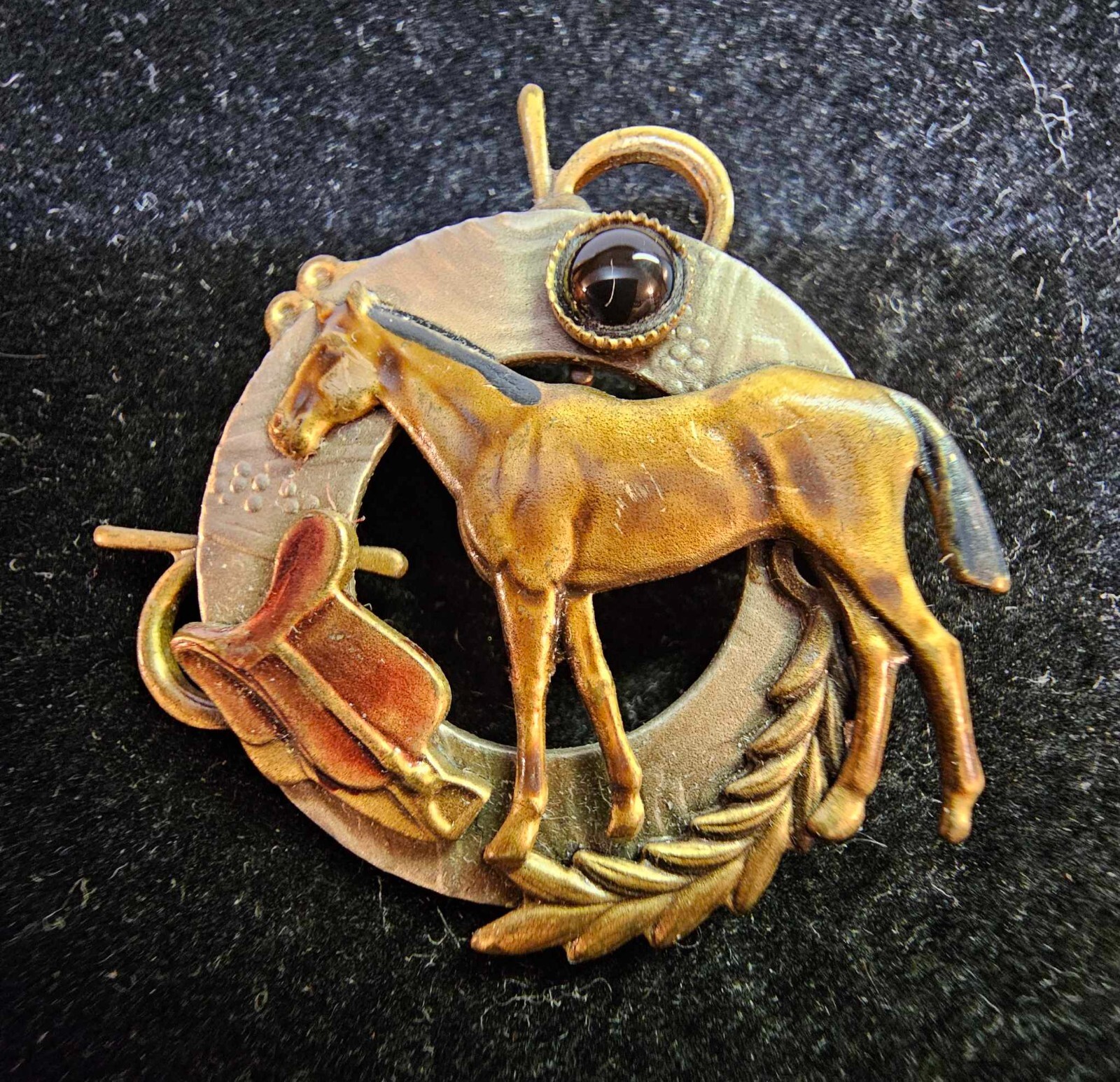 Western Brooch Pin Enamel 2-tone gold silvertone farm horse black stone- B30