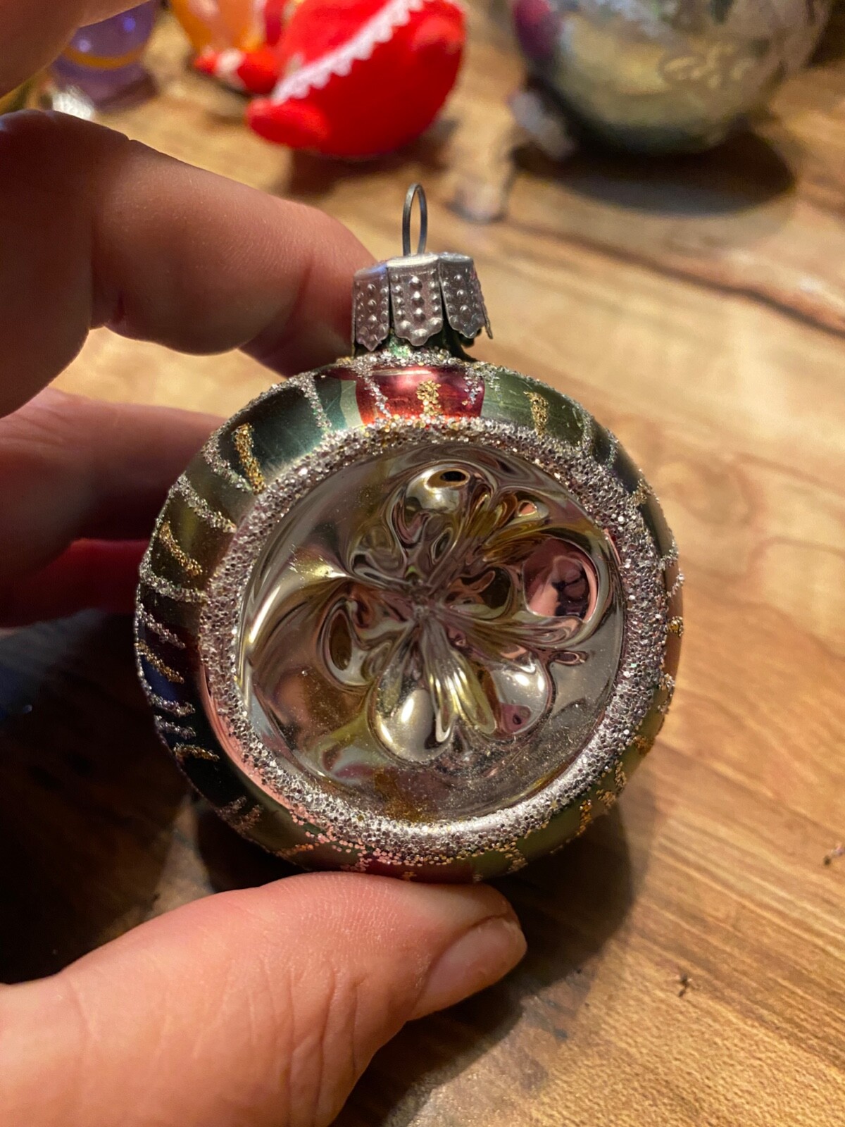 Vintage Christmas Ornament Mercury Glass Round Indent Green Glitter 2 1/4"