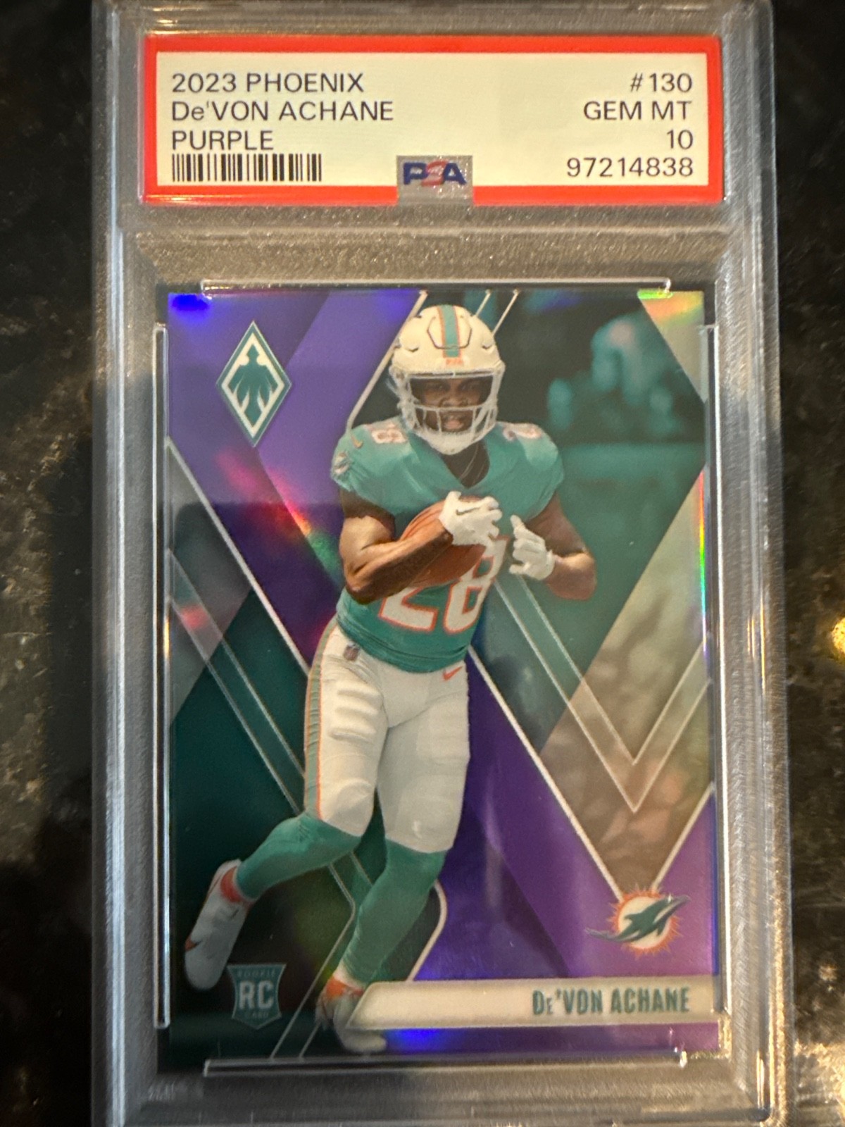 2023 Phoenix De'Von Achane Purple RC #130 PSA 10 Numbered 36/125