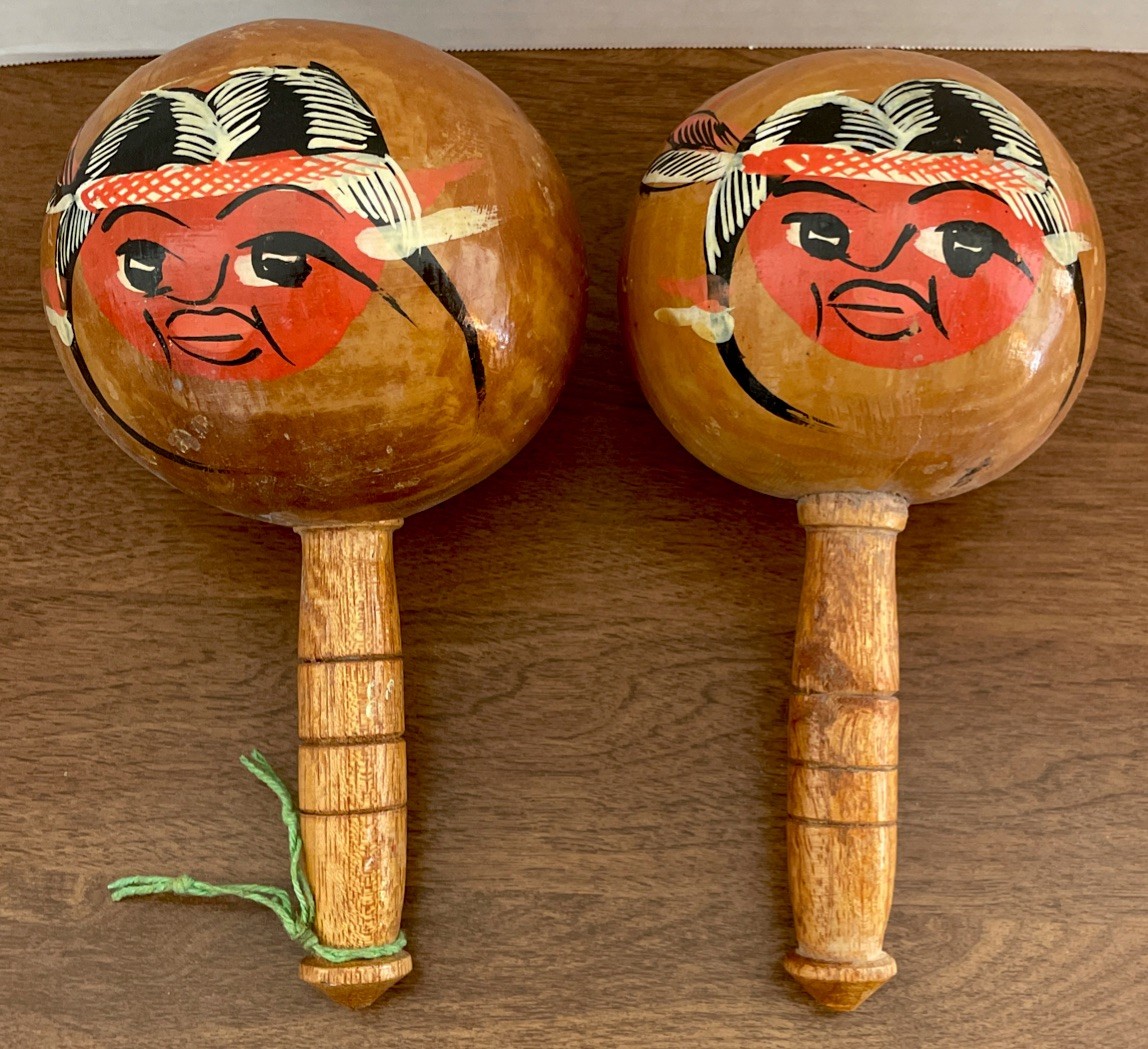 Venezuela Maraca Wooden  Percussion Shaker Woman Face On Front Vintage
