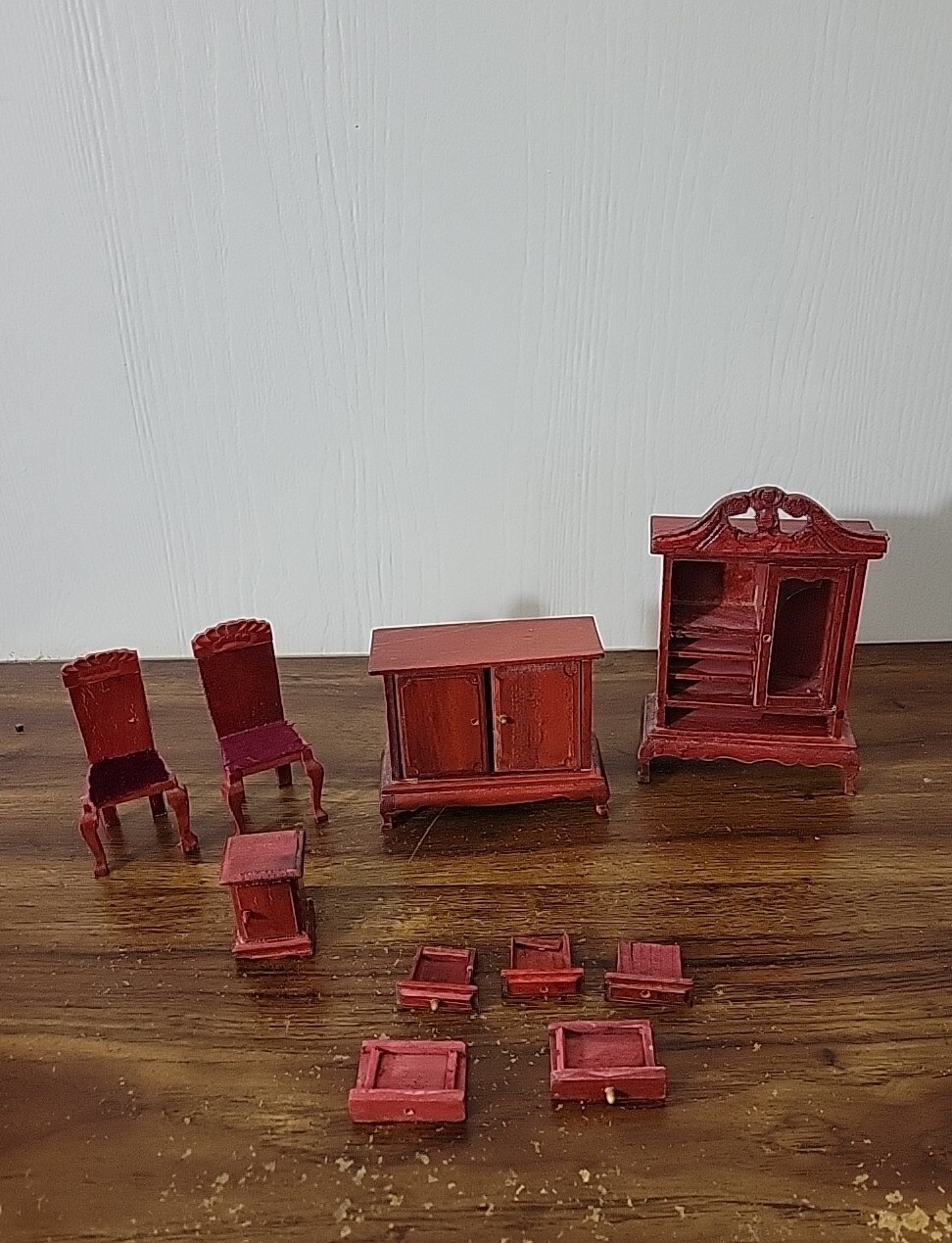 Doll House Furniture Lot - Dark Wood - Dining room Chairs Cabinets