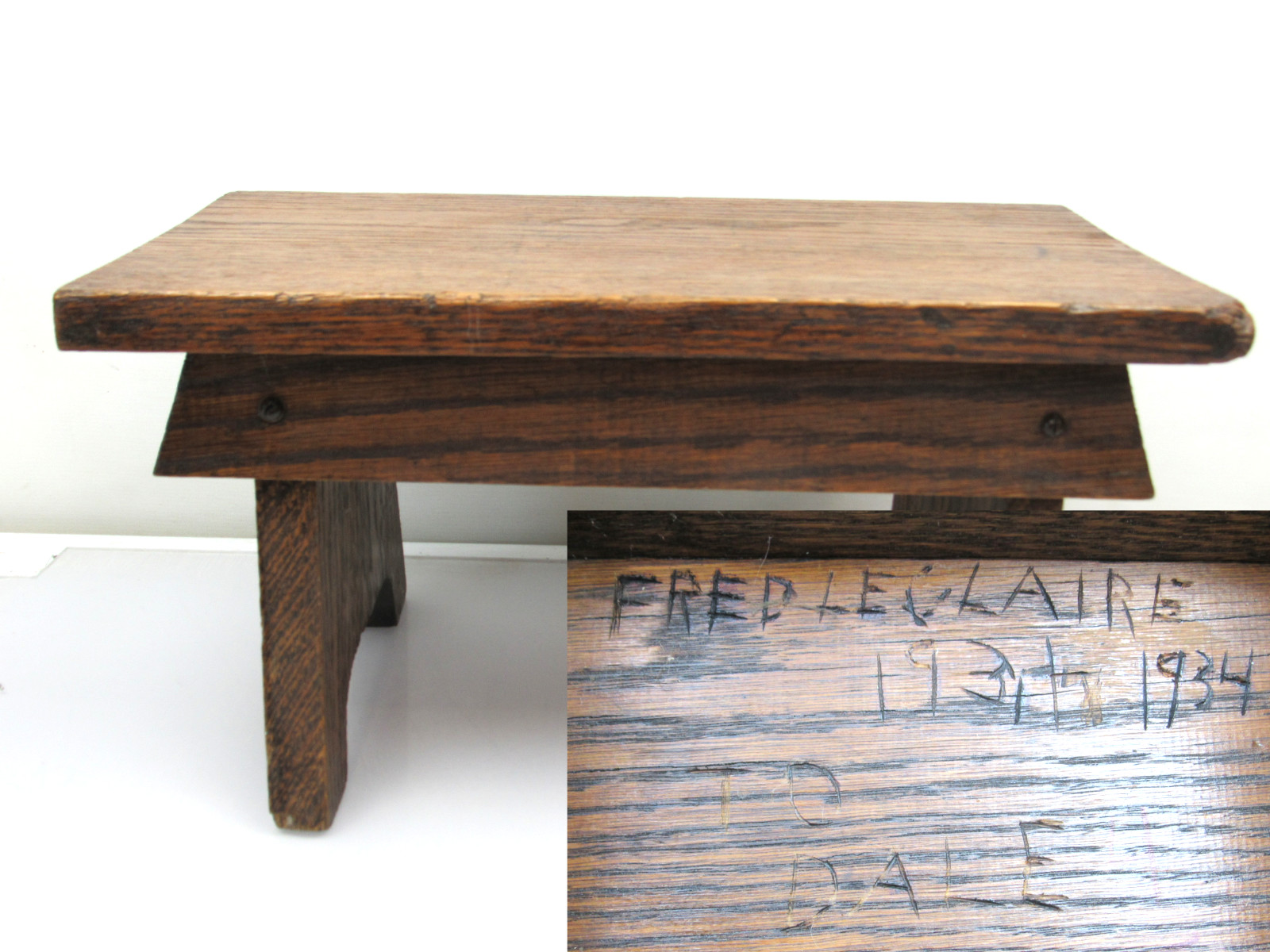 1931 Arts & Crafts Oak Foot Stool Antique Mission CARVED INSCRIPTION 1934 1930s