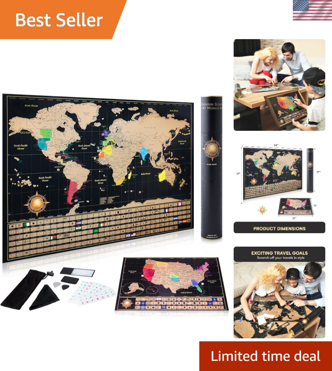 Interactive Scratch-Off World Map - 17x24 Inches with Complete Accessories Set