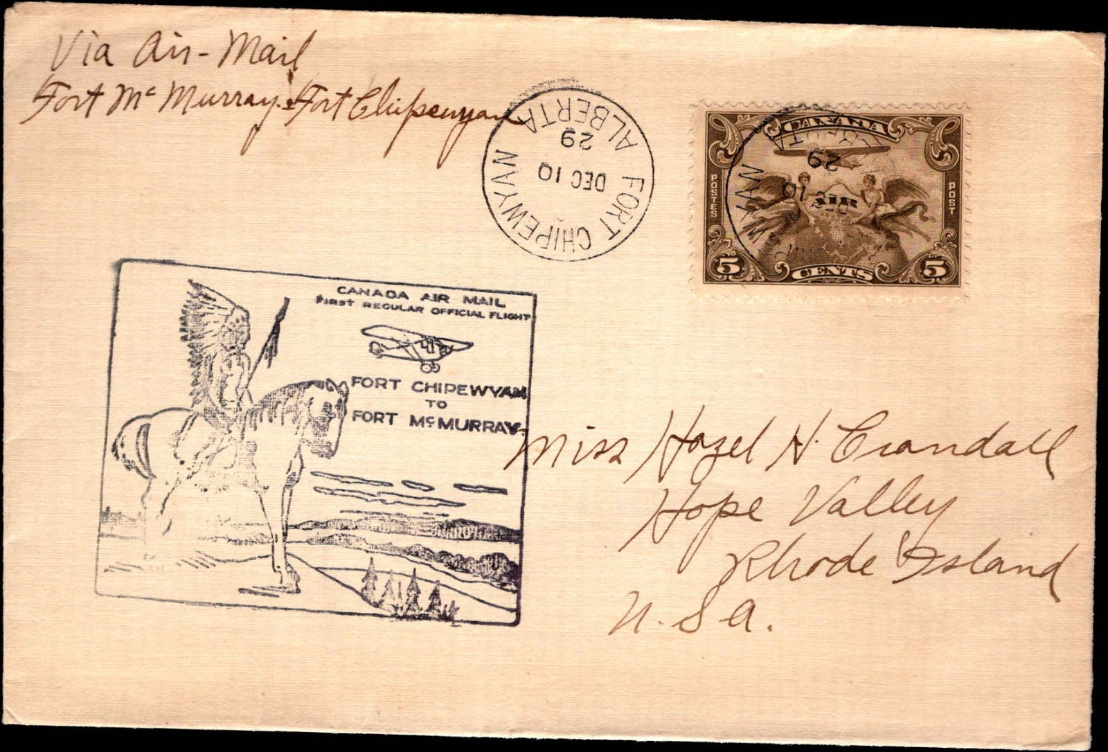 1929 Canada Fort Chipewyan Fort McMurray First Official Airmail Flight Cover