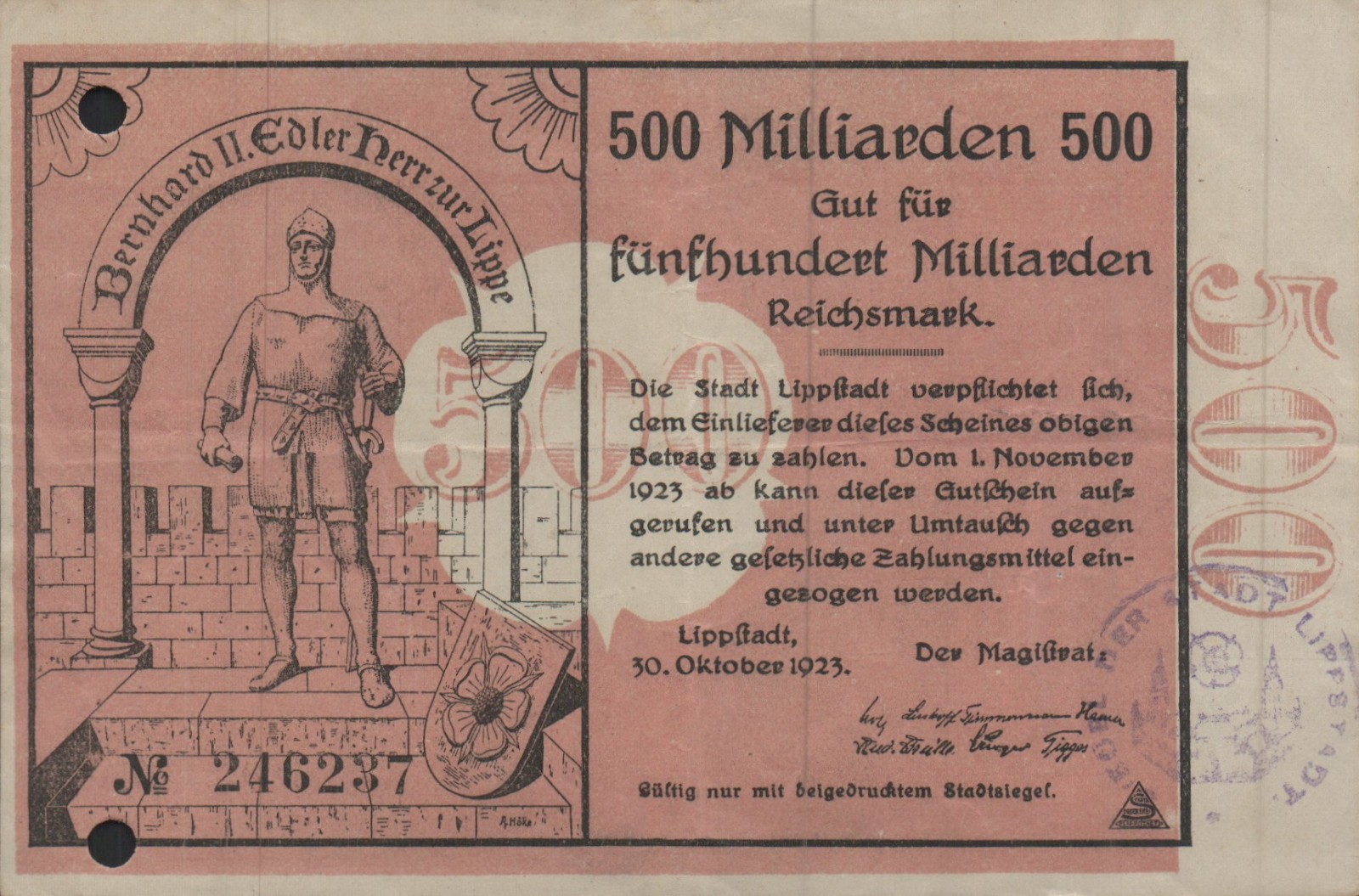 Lippstadt - City - 500 Billion Mark - Stamp - Hole Cancellation