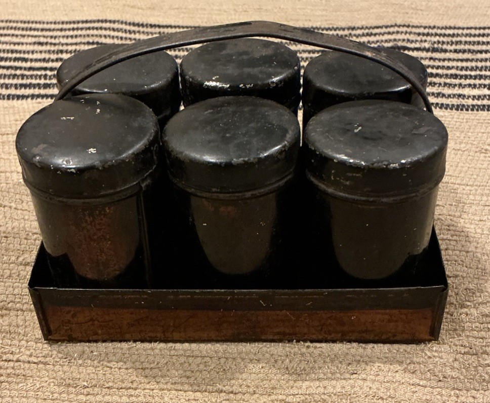 Antique Primitive Black Tin Spice Set In Carrier