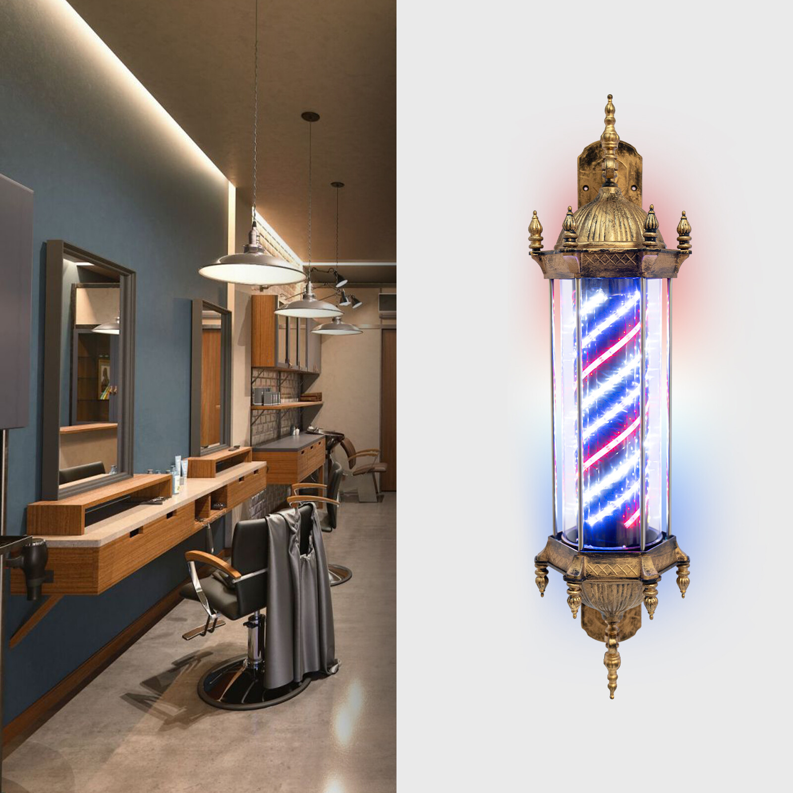 Vintage Barber Rotating LED Light Sign for Hair Salon, 32×90 cm