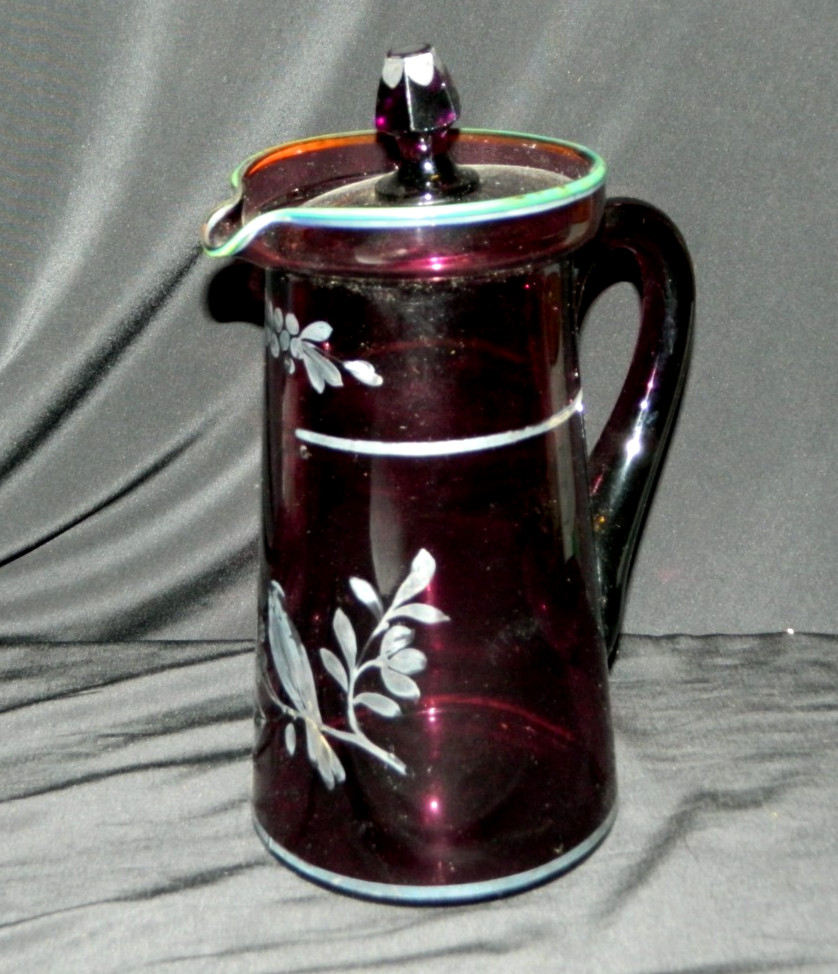 ANTIQUE LARGE SILVER OVERLAY on GLASS, AMETHYST PITCHER with LID, VG COND
