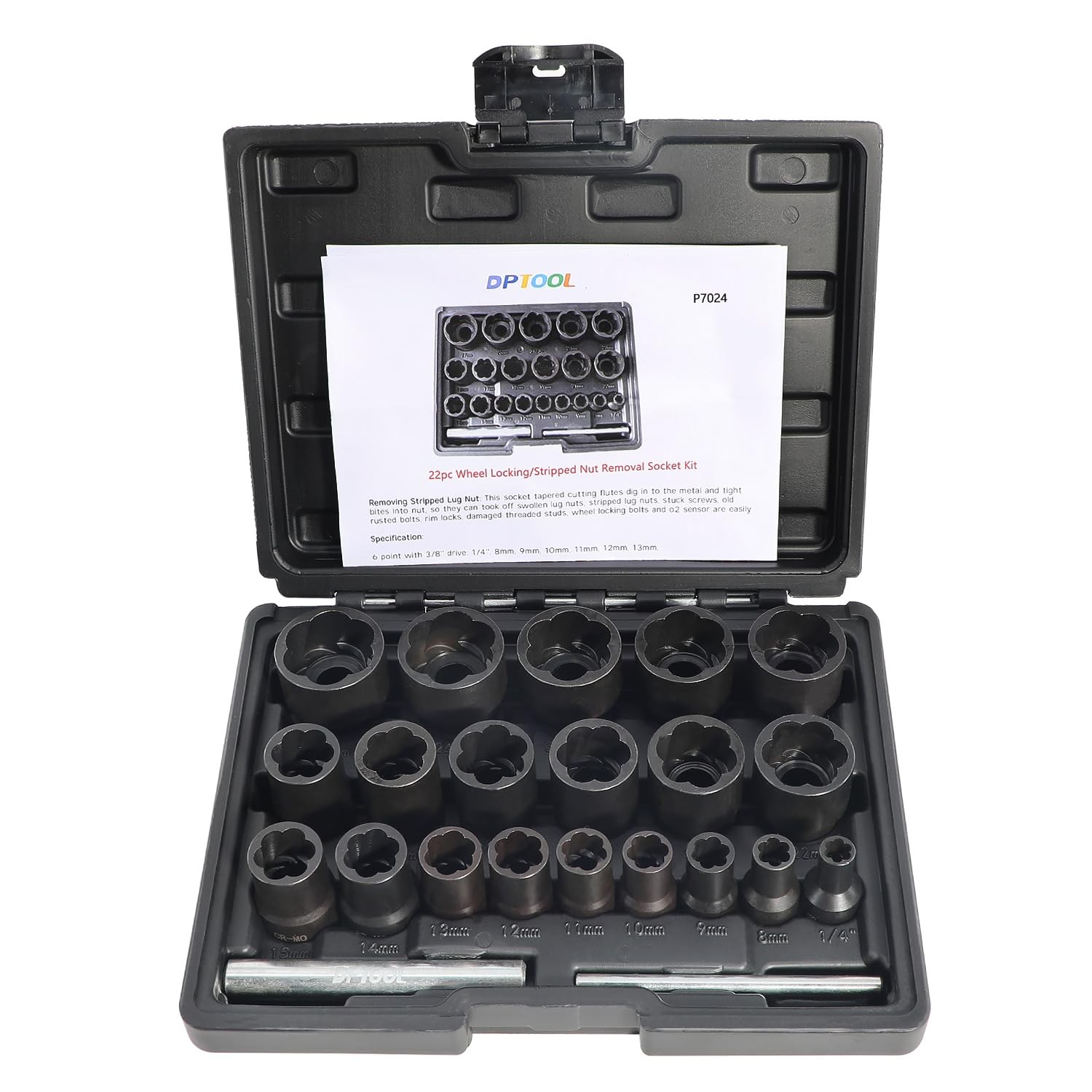 DPTOOL 22 Piece Bolt Nut Extractor Set, 1/2" and 3/8" Drive Impact Lug 22PC 