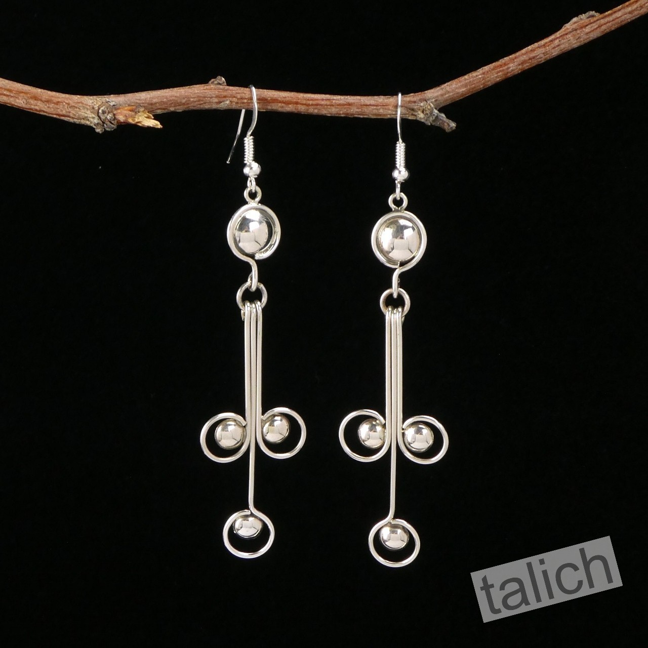 Native American Shiny Sterling Silver Swirl & Dot Long Drop Statement Earrings