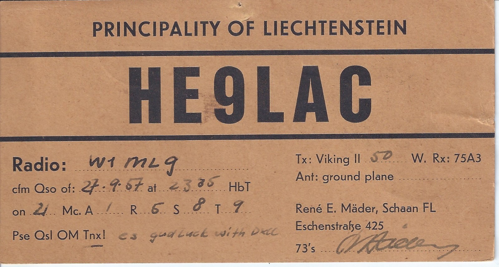Vintage HE9LAC Principality of Liechtenstein 1957 Amateur Radio QSL Card