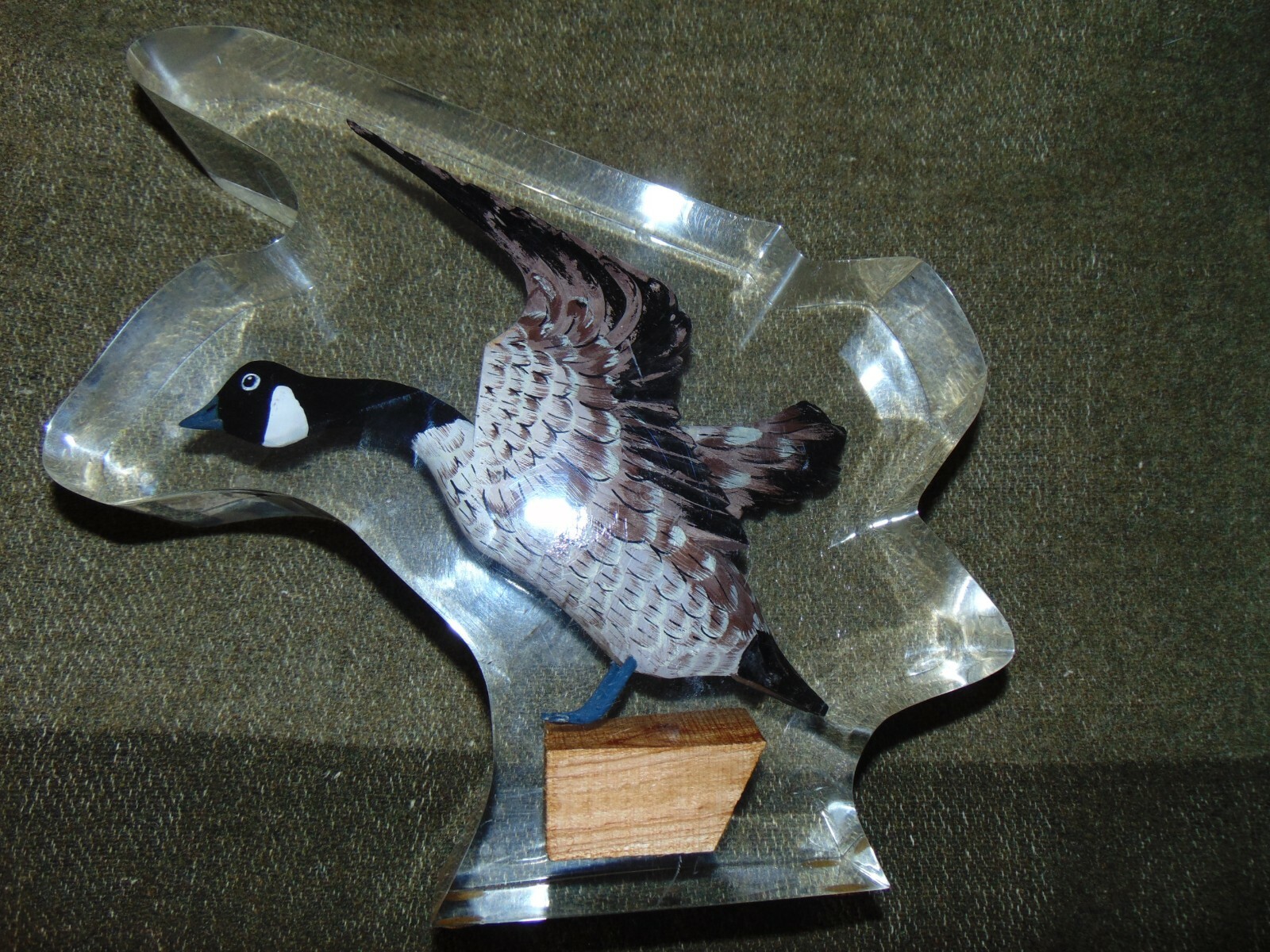 Vintage Carved & Painted Wood Canadian Goose In  LUCITE Display Canada 1980's