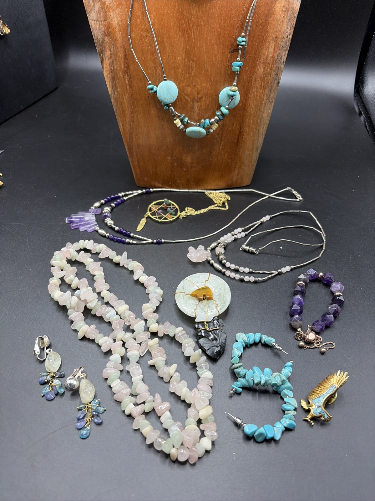 Lot Of Southwest Style Gemstone Jewelry Lot Rose Quart Amethyst Faux Turquoise