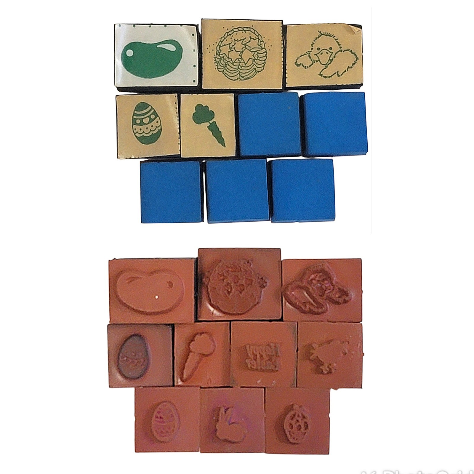 VTG Easter Rubber Stamp Set 10 Pc Foam Bunny Egg Chick Carrot Basket Jelly Bean
