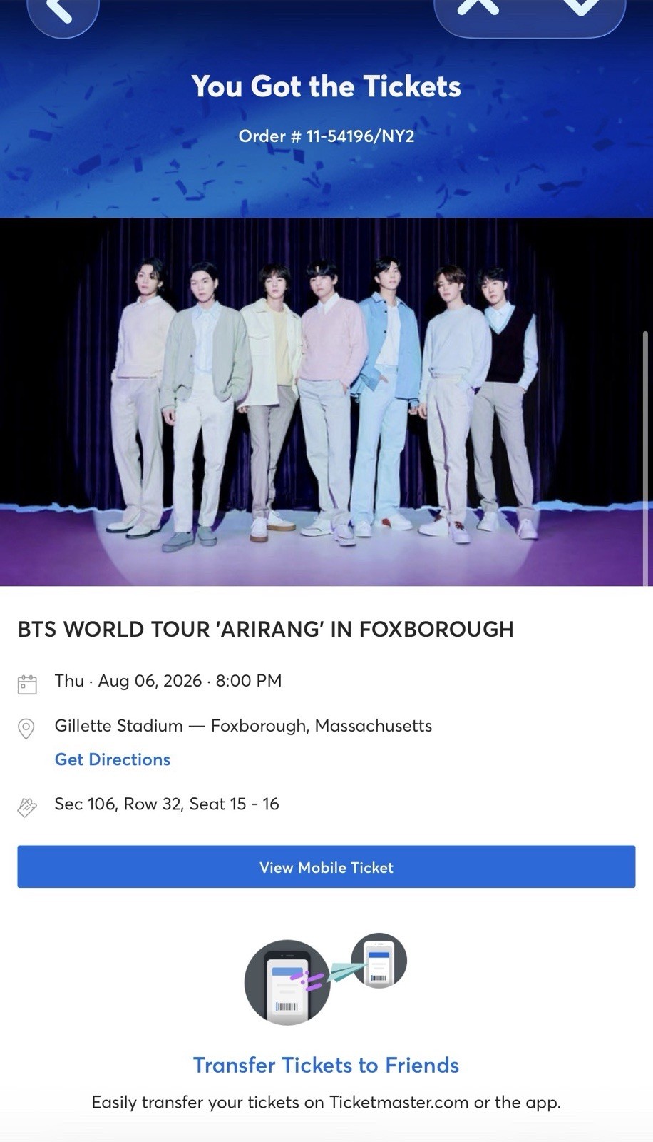 BTS Arirang Tour Tickets Gillette Stadium Aug 6 8PM Sec 106 Row 32 Seats 15 & 16