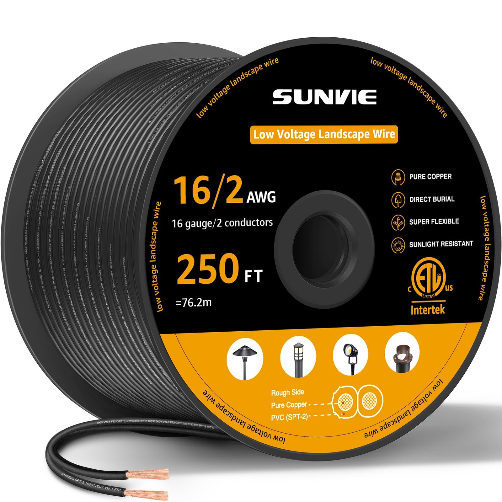 SUNVIE 16/2 Low Voltage Landscape Wire 250FT Outdoor Lighting Cable ETL