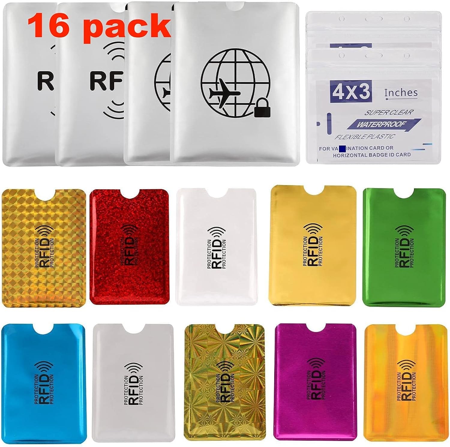 16 RFID Blocking Sleeves Set (10 Credit Card Holders & 4 Passport Protectors) Id