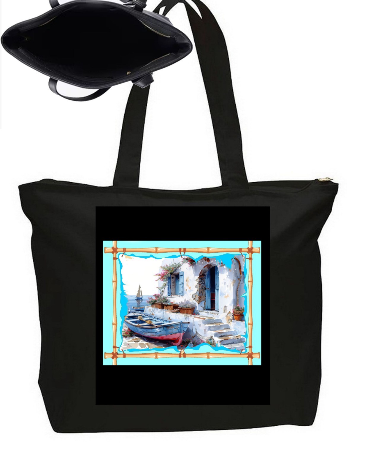 Seaside Ocean Greece Santorini Tote Bag   Zipper Closure Travel Poster Art 20"