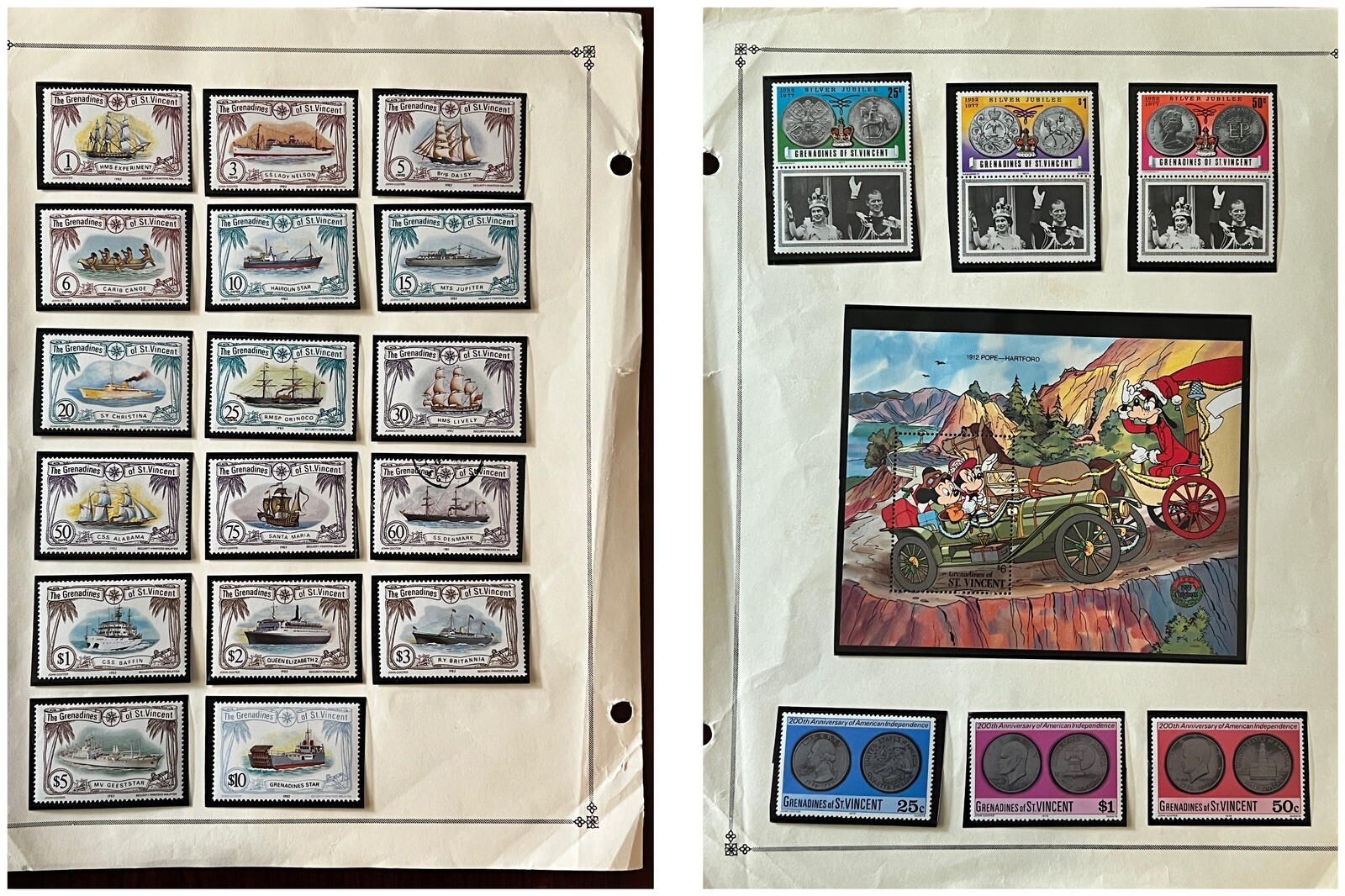 1977 1982 1989 GRENADINES OF ST. VINCENT MINT STAMPS ON ALBUM PAGE, HIGH DENOMS
