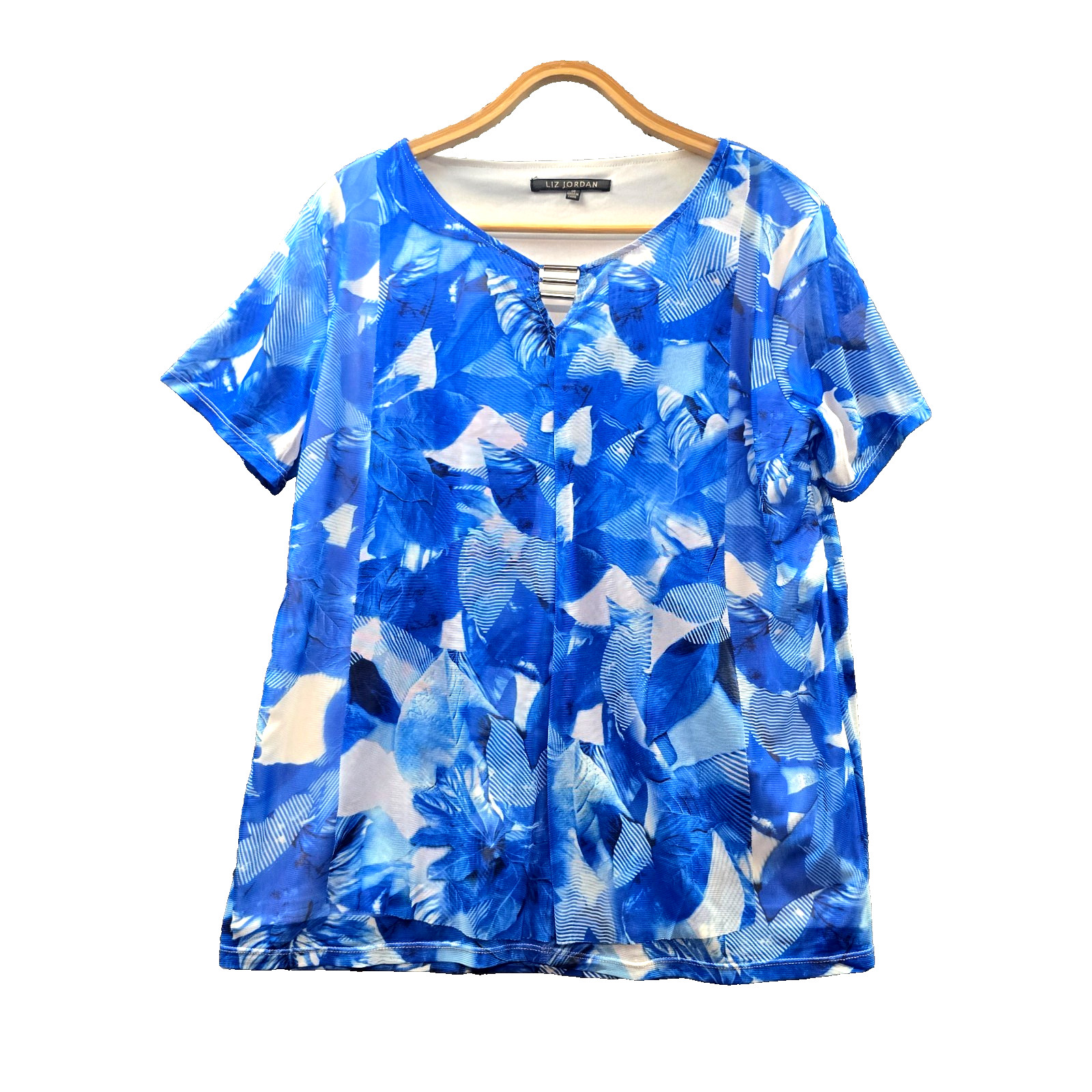 Liz Jordan Womens Blouse Top Size 14 Blue White Floral Stretch Knit Short Sleeve