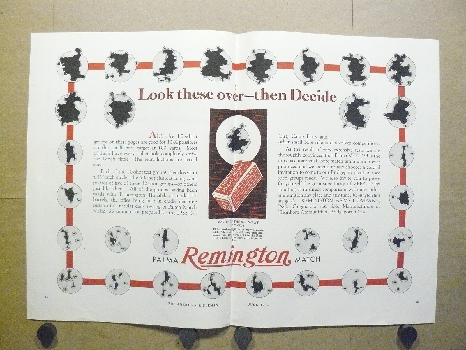 1933 Remington Palma VeeZ Ammo Vintage Print Ad Small Bore 10-X Bullseye Target