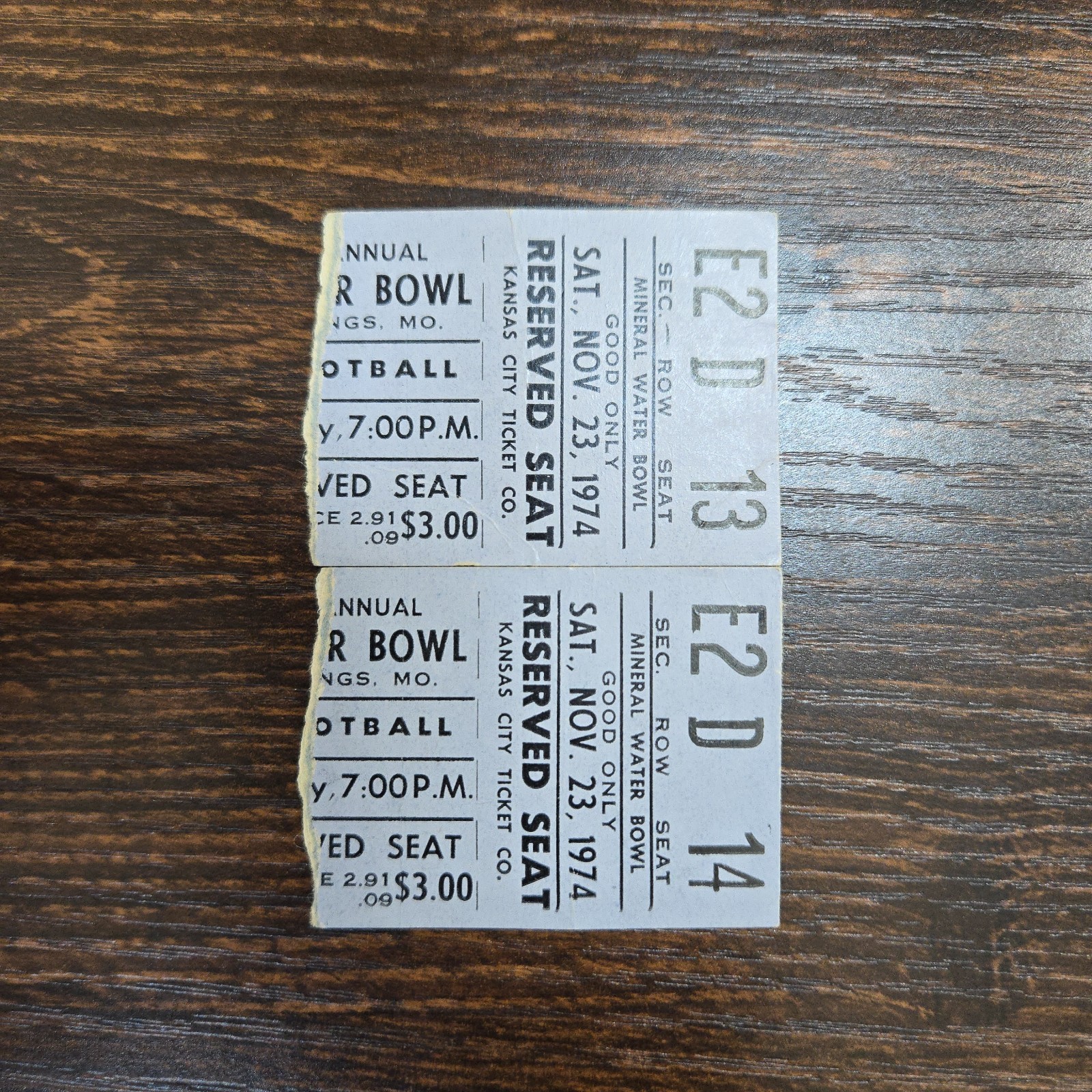 PAIR of 1974 Mineral Water Bowl Tickets | SEQUENTIAL | Excelsior Springs, MO