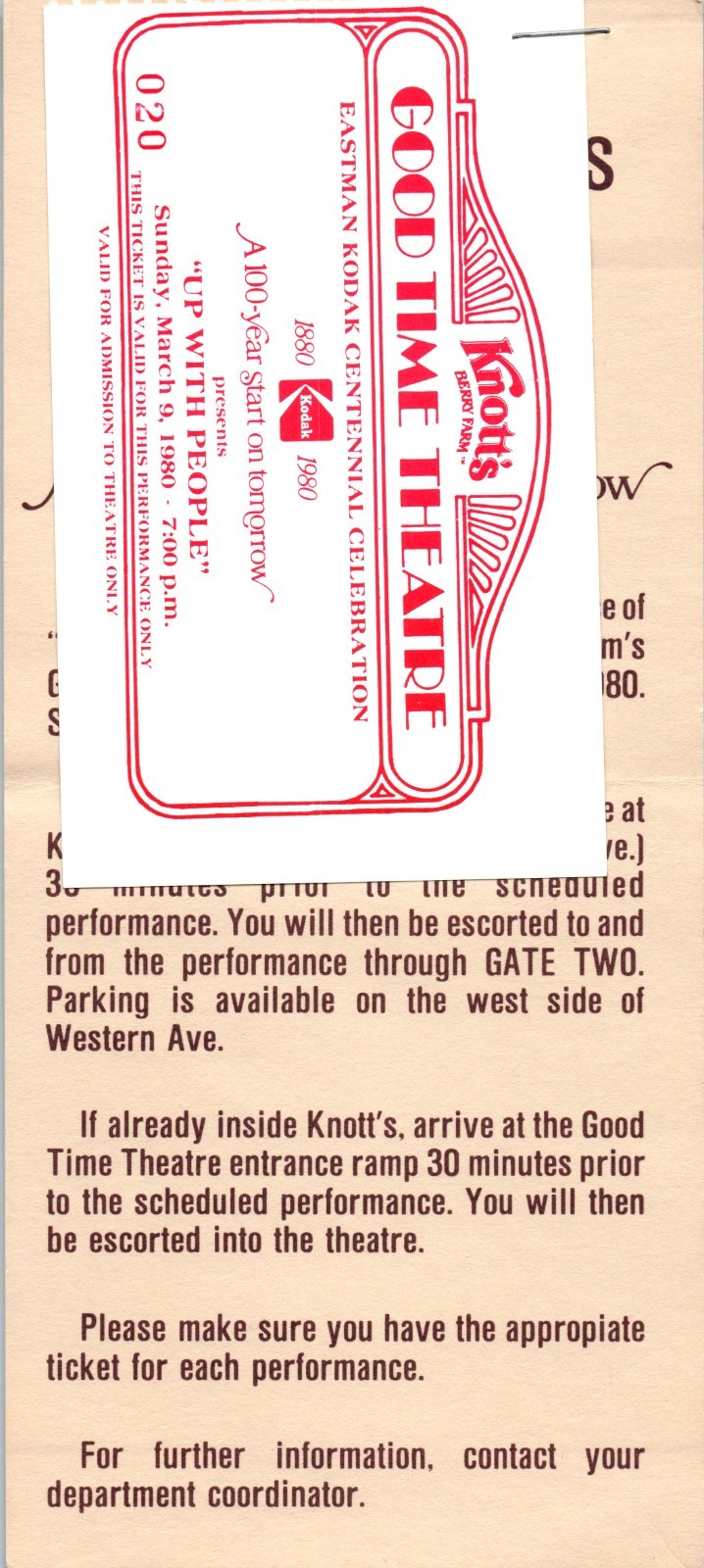 1980 Knotts Berry Farm Good Time Theatre Kodak Up With People Ticket Stub Vintag