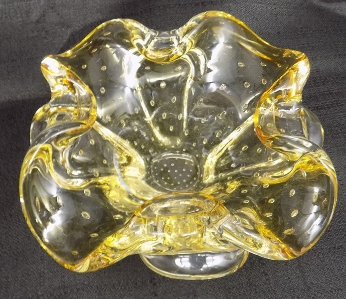 Bullicante Murano Gold Yellow Art Glass Floral Bowl Controlled Bubbles Vintage 