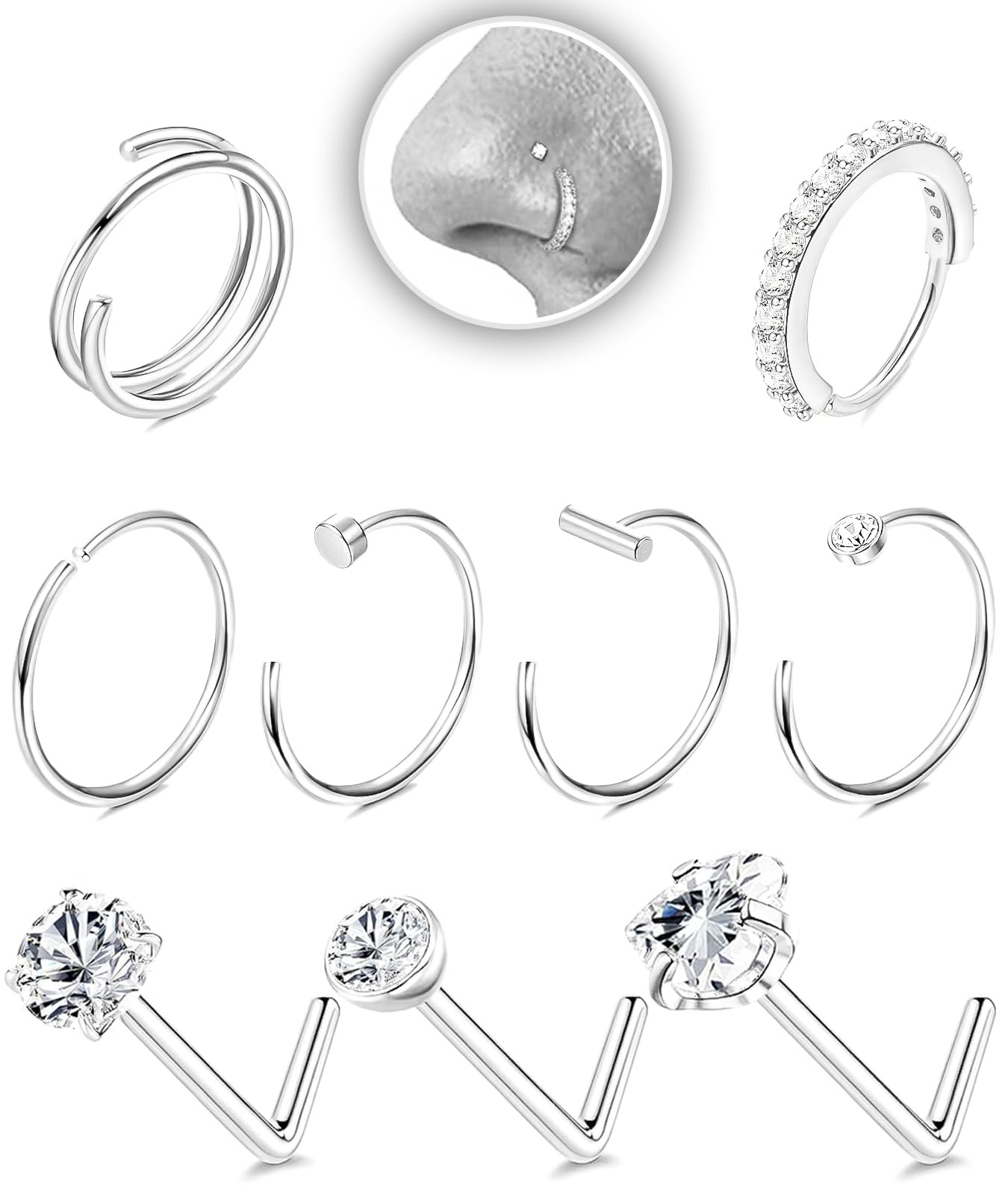 AMASIS 9Pcs Silver Nose Ring 9-Piece Hoops and Studs Sets,Mixed Set A, 
