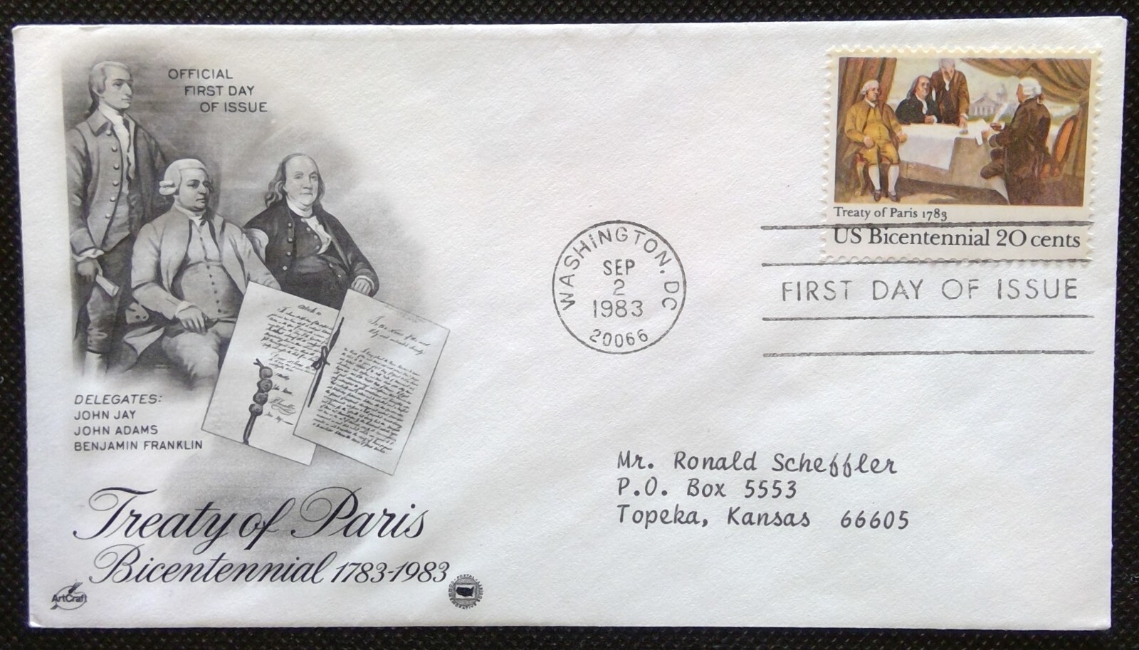 Scott 2052 FDC Signing of Treaty of Paris Adams Franklin Art Craft PCS ADDRESSED