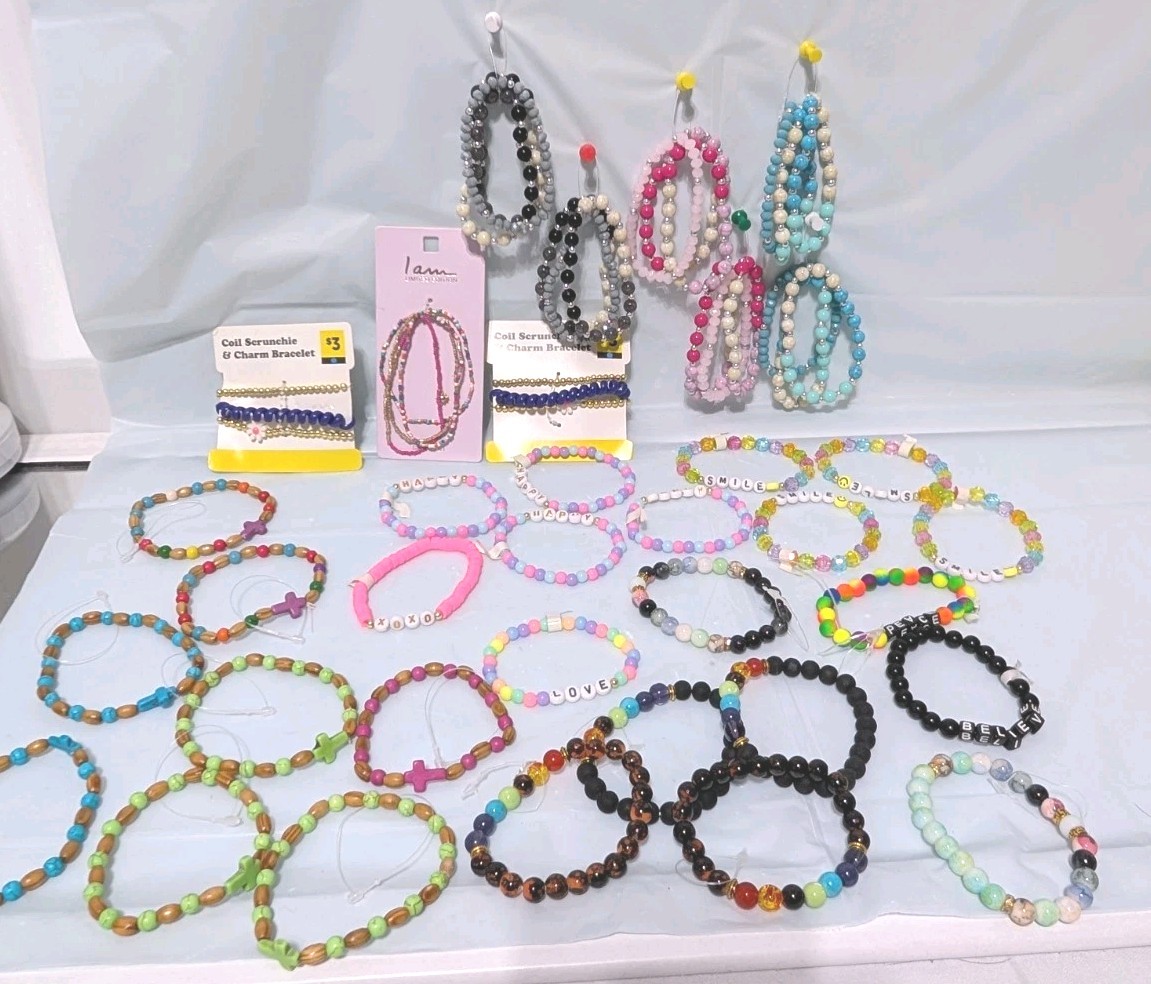 Mixed Bracelet Lot 53 Pieces Beaded, Charm, Cross, Smile, Inspirational Easter