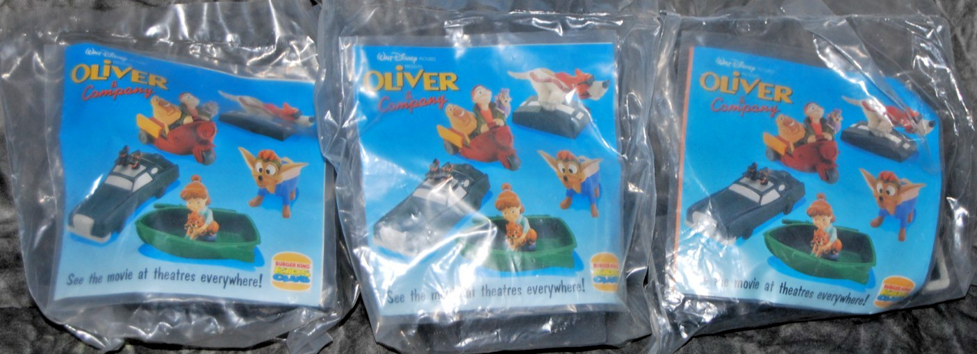 Lot of 3 DISNEY'S OLIVER AND COMPANY 1993 BURGER KING KIDS CLUB TOYS ~ BRAND NEW