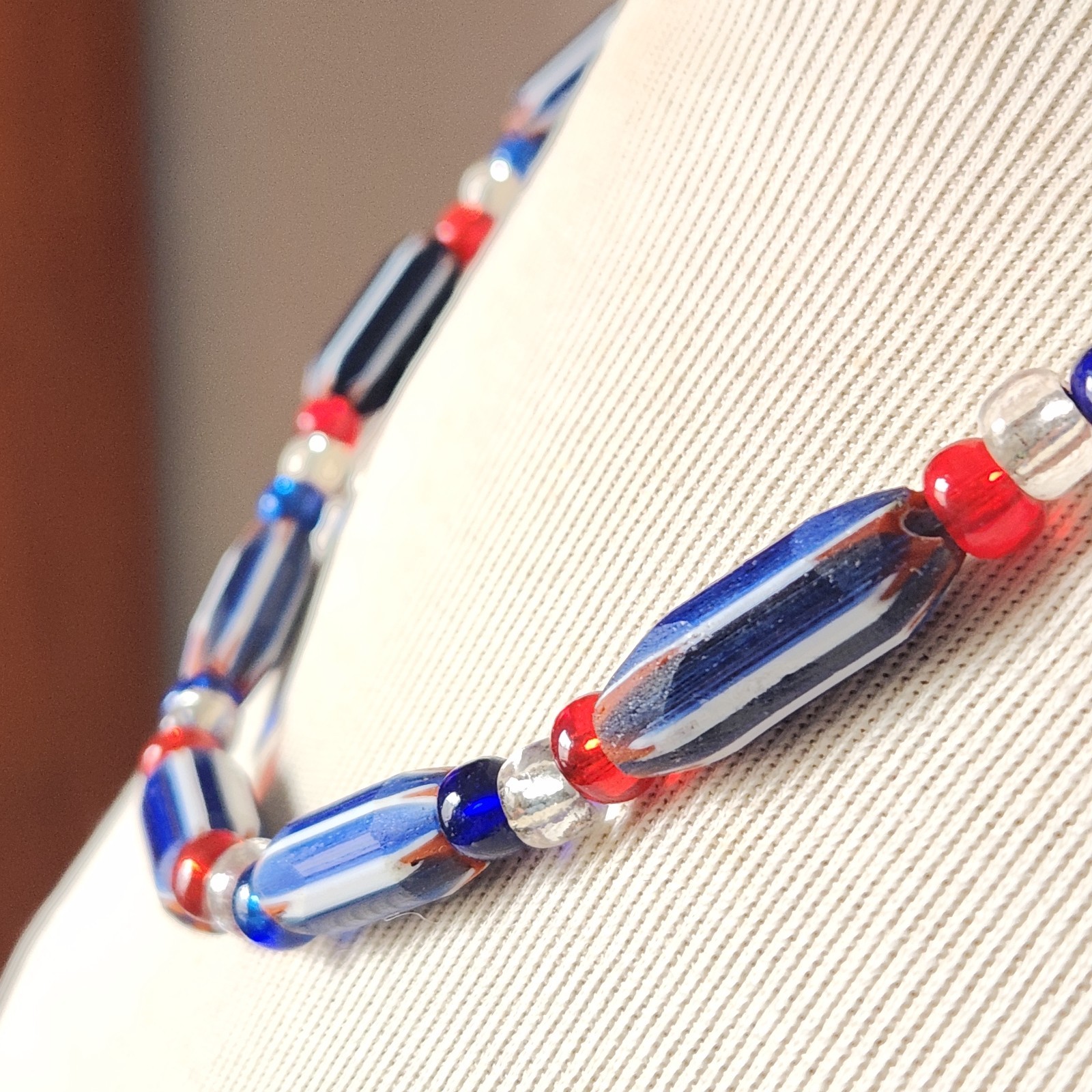 Blue Chevron Beads Venetian Style Glass Beads Necklace 22"