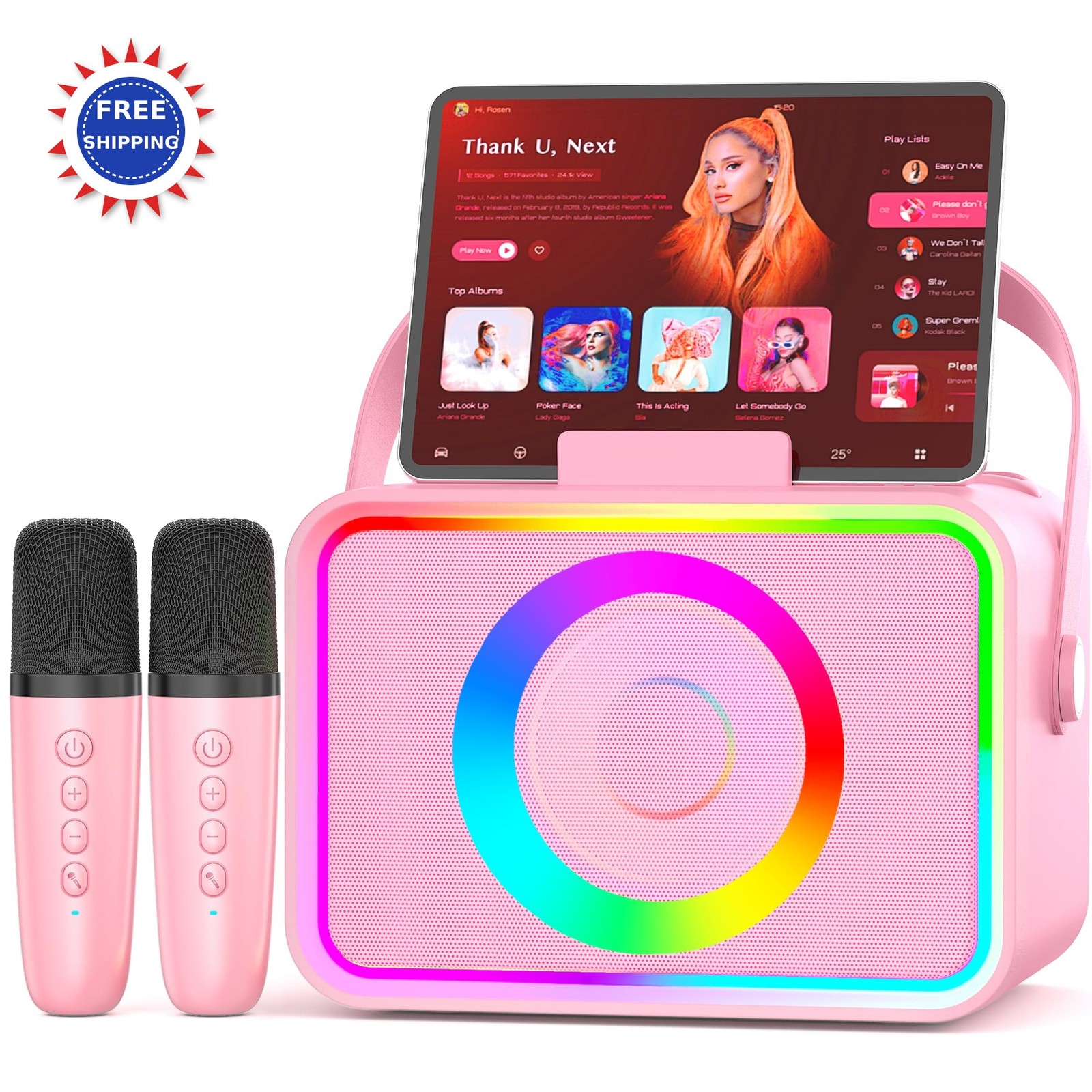 Karaoke Machine Portable Bluetooth Speaker 2 Wireless Microphones LED Lights