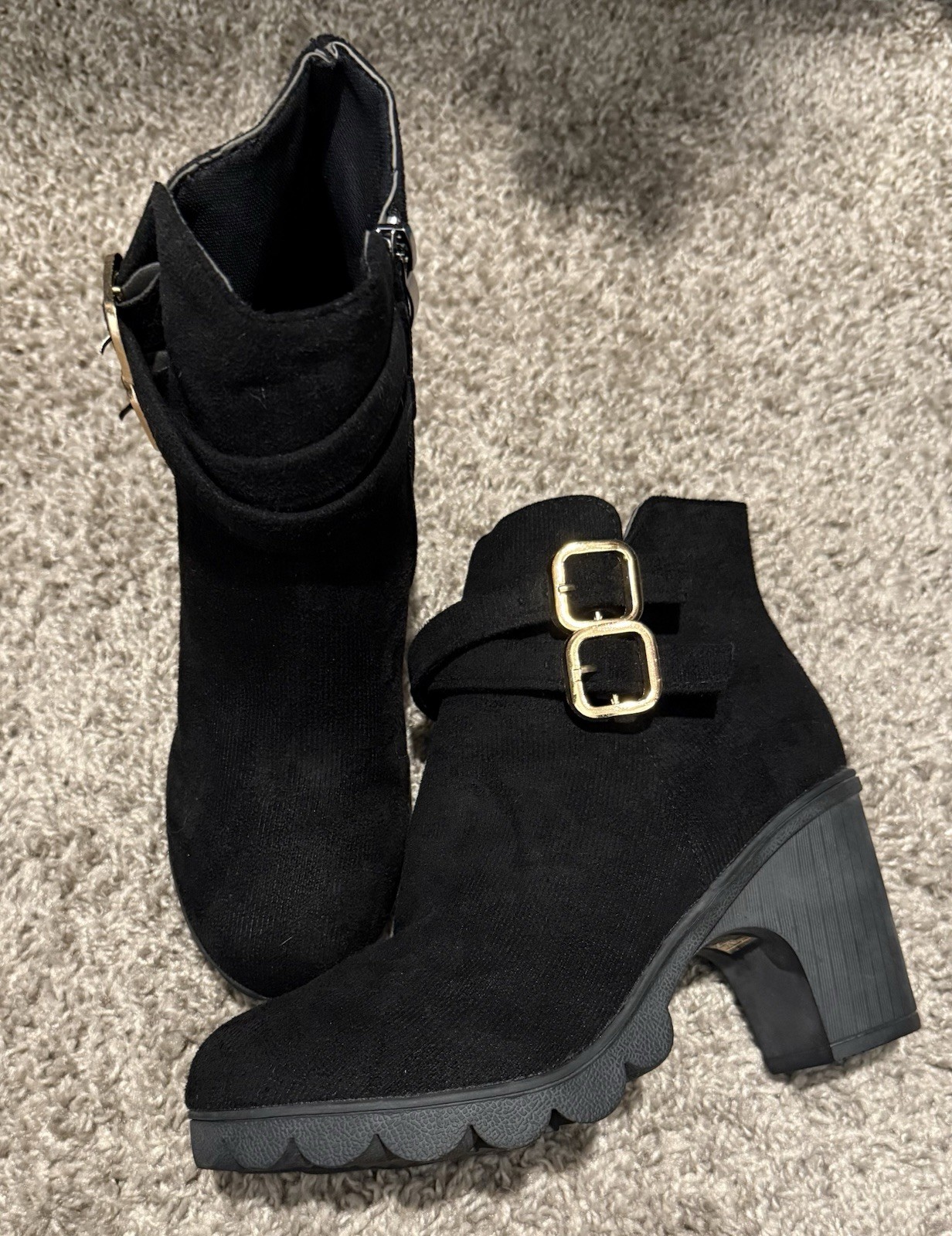 Black Faux Suede Ankle Bootie Buckle Zip Women's Solid Rubber EU 39 Casual