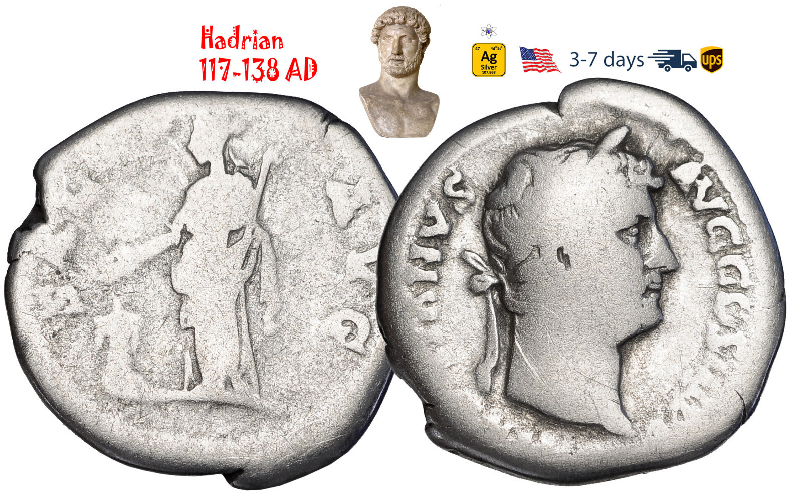 Ancient Roman Empire Coin Silver Denarius Hadrian 117 - 138 AD Authentic #32437