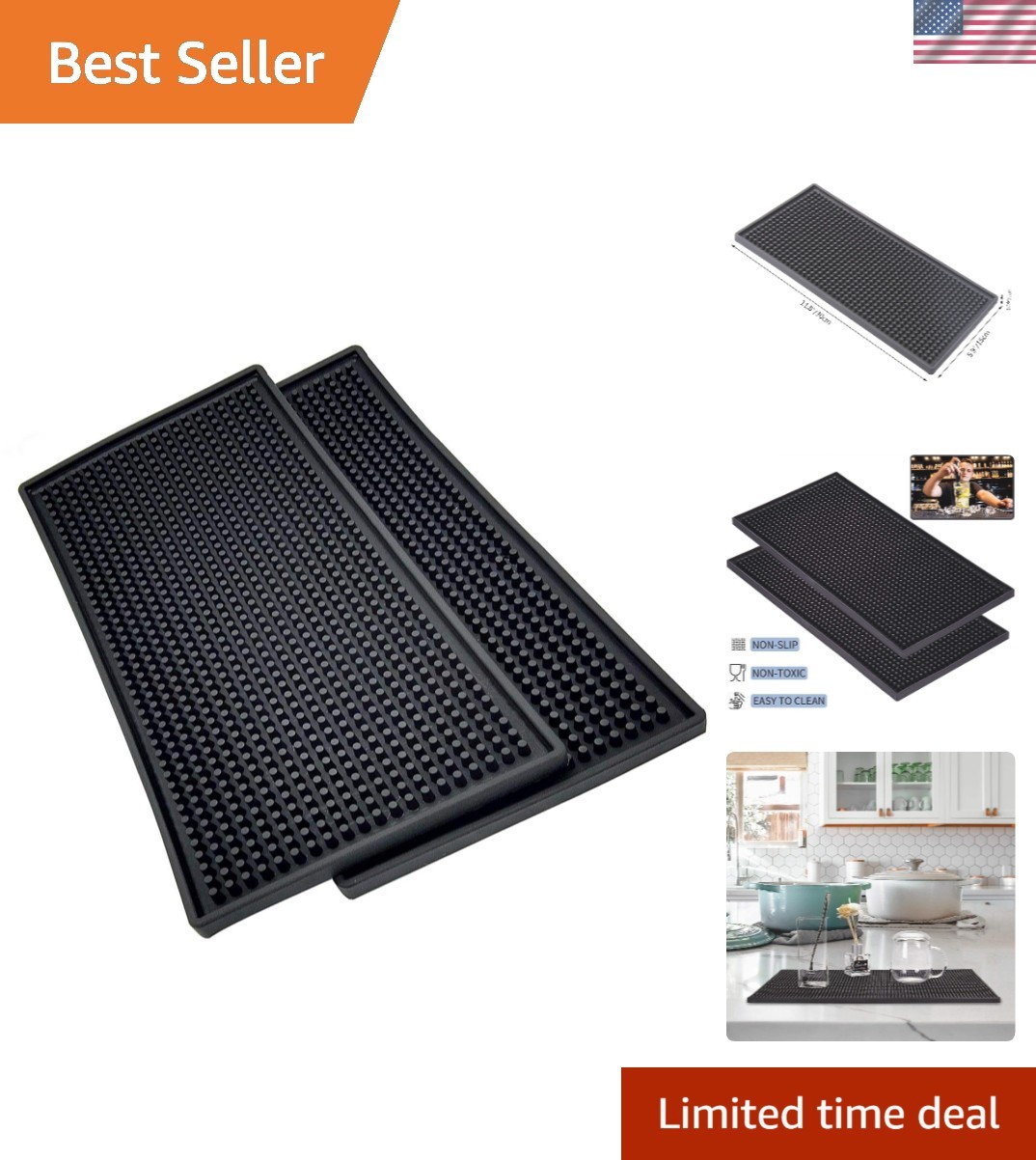 2 Pack Bar Service Mat, Black Salon Barber Work Station Mat, Anti-Slip Flexib...