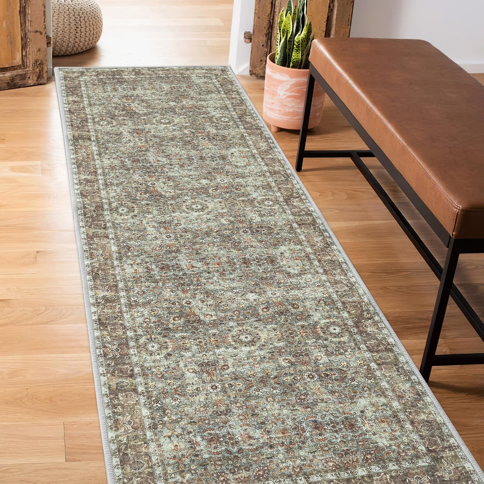 RYB HOME Green Runner Rug 2x10 Washable Ultra Soft Stain Resist Kitchen Bath