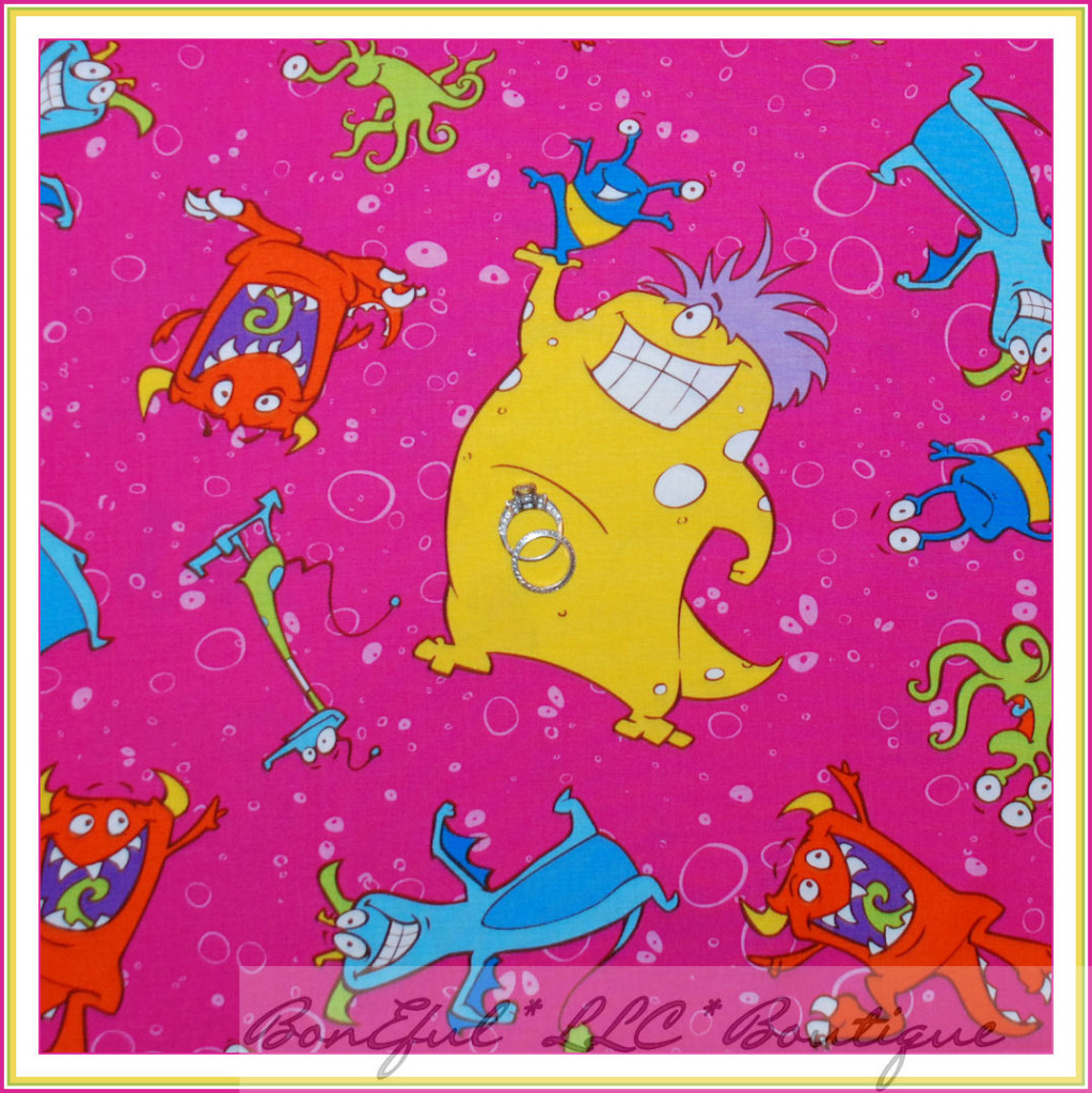 BonEful Fabric Cotton Quilt VTG Pink Purple Girl Kid Dot Boogie Monster CA SCRAP