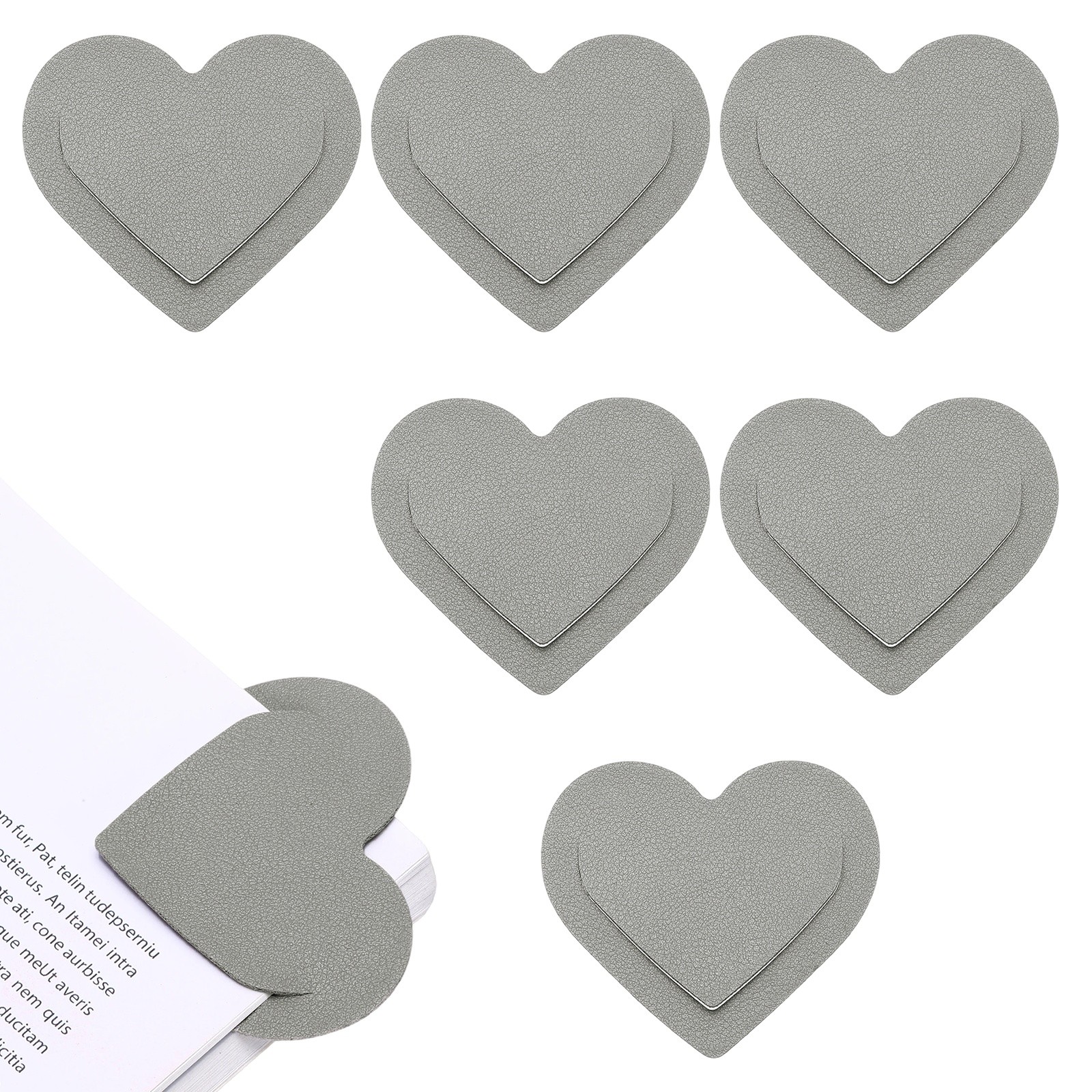 6Pcs Leather Heart Bookmarks, Cute Corner Bookmarks for Reader, Gray